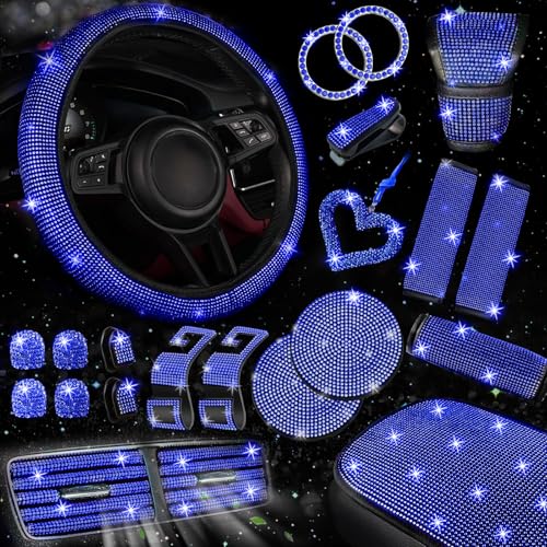 NBTEPEM 30 Pcs Blue Bling Car Accessories Set for Women, Blue Steering Wheel Cover Set, Bling Console Cover, Seat Belt Cushion, Shift Knob Cushion, Cup Coaster, Rhinestone Car Hanging Accessories