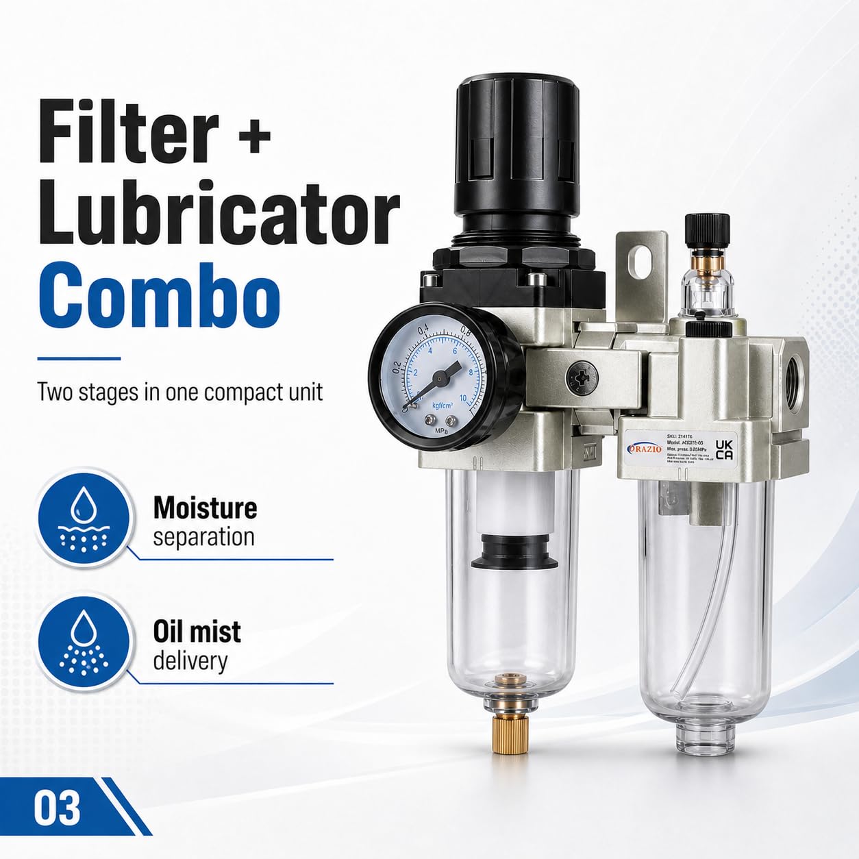 Regolatore Filtro Compressore d'Aria 3/8" ORAZIO Industriale Trappola di Umidità Dell'acqua Separatore d'Olio Lubrificatore per Utensili Pneumatici e pistole a spruzzo di vernice