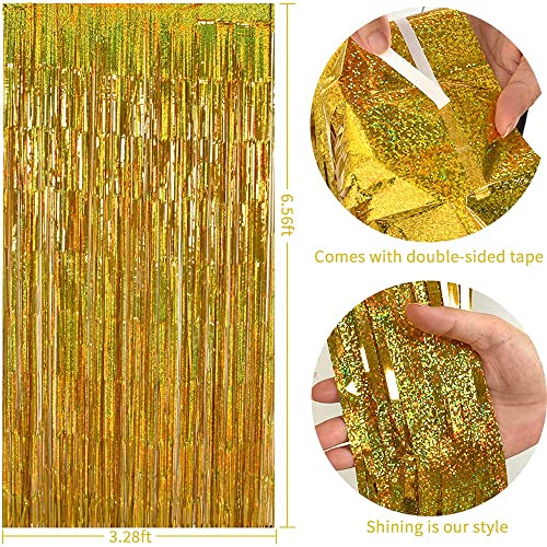 Image of TONIFUL 3Pcs Laser Gold Door Streamers, Metallic Foil Fringe Curtains for Birthday, Christmas, New Year, Bachelorette, Graduation Parties (9.9ft x 6.6ft)