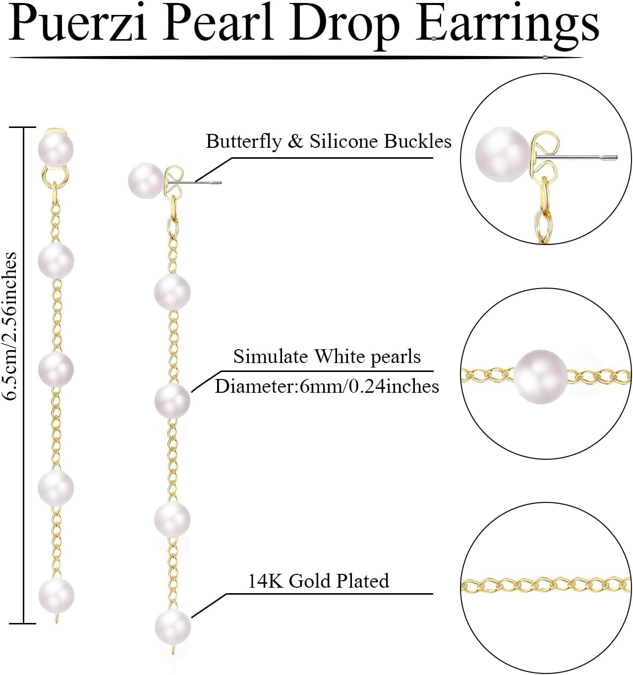 Pearl Earrings,4mm 5mm 6mm Gold/Silver Dangle Earrings for Women White Long Drop Pearl Dangling Earrings Bridal Wedding Dainty Prom Earrings Birthday Gifts Jewelry - Image 6