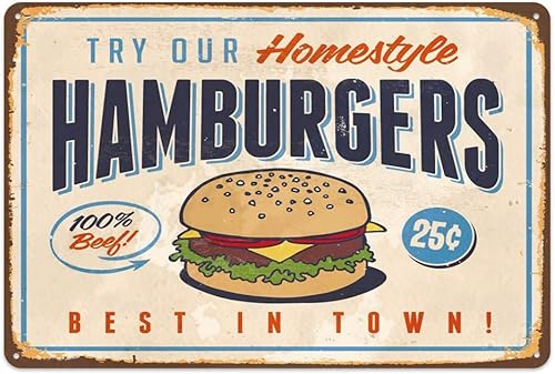 Letreros de arte de pared de metal para hamburguesas, diseño vintage original, impresión de hojalata gruesa, decoración de pared