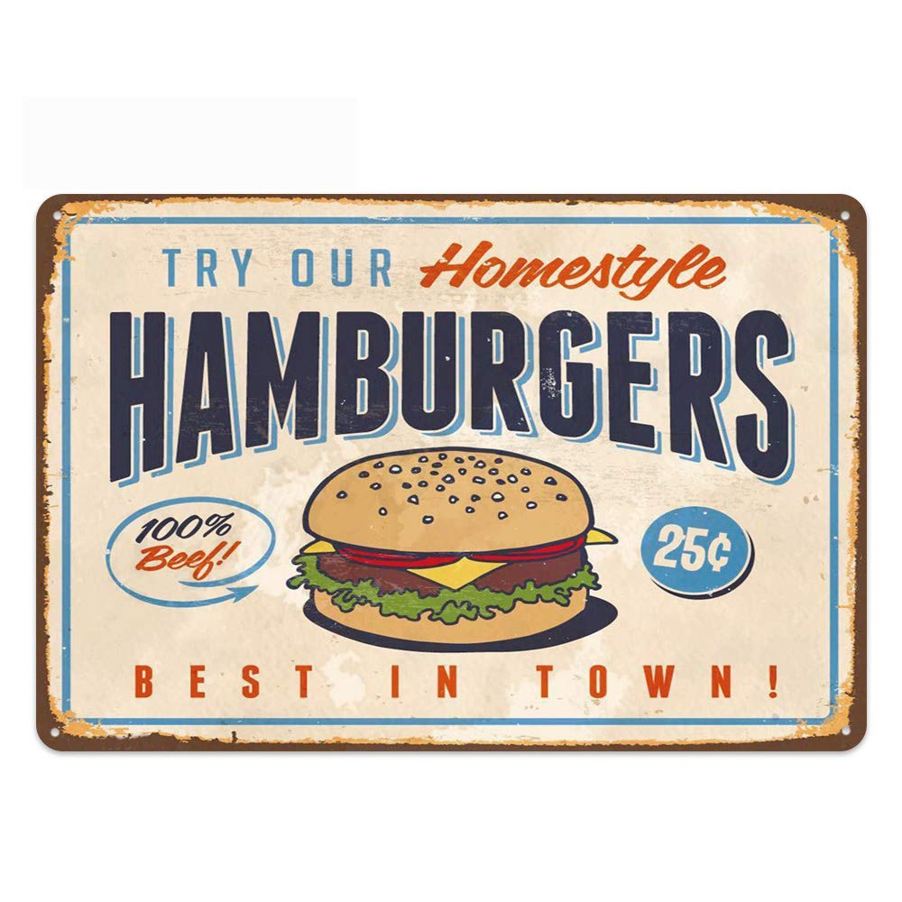 Original Vintage Design Hamburger Tin Metal Wall Art Signs, Thick Tinplate Print Poster Wall Decoration