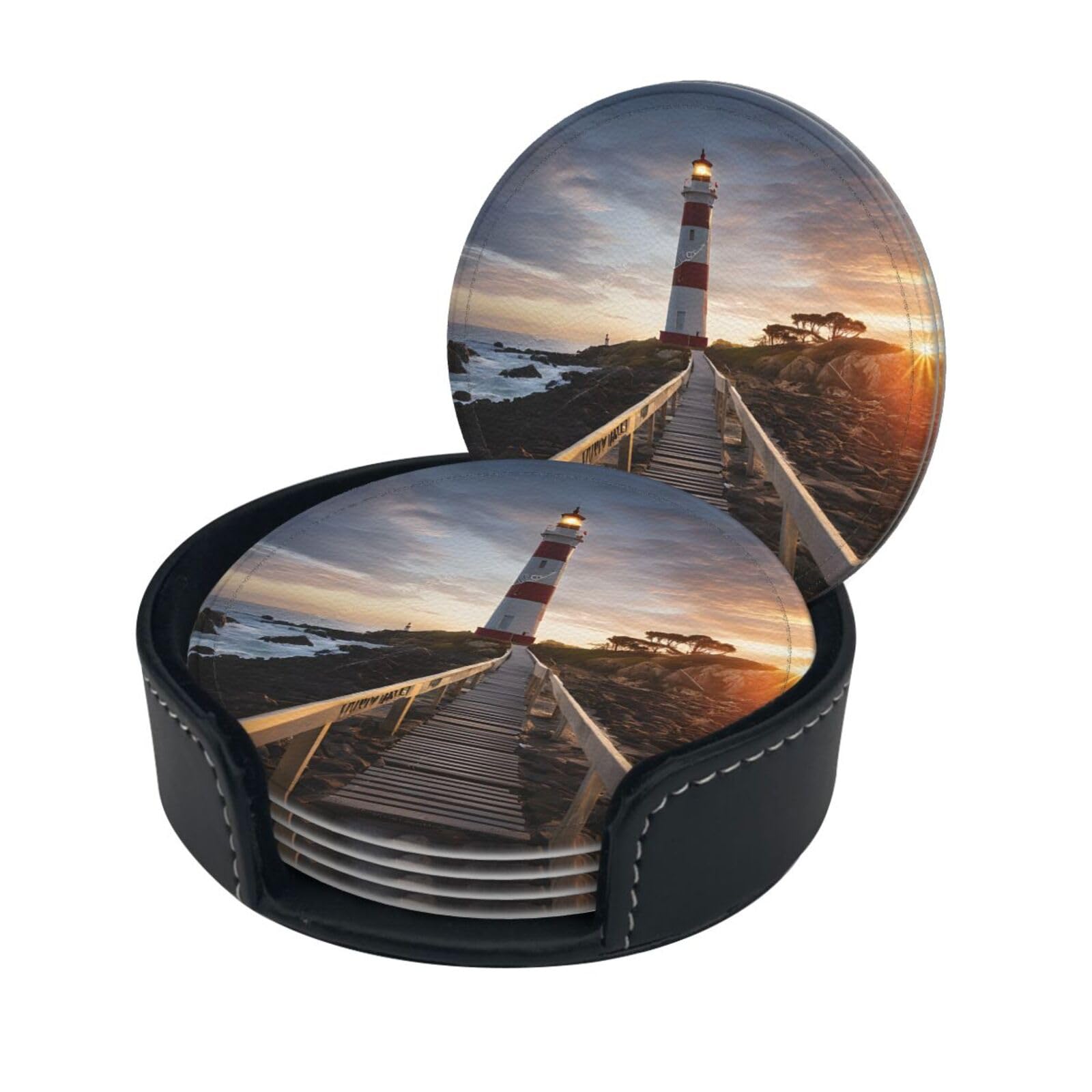 Lighthouse Print Coaster,Round Leather Coasters with Storage Box for Wine Mugs,Cold Drinks and Cups Tabletop Protection (6 Piece)