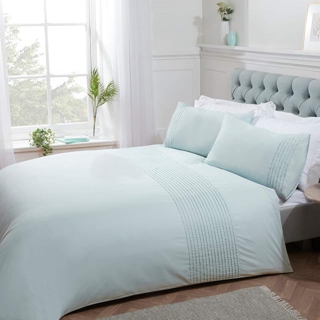 Sleepdown Pintuck Pleated Striped Panel Duck Egg Luxury Easy Care Soft Cosy Duvet Cover Quilt Bedding Set with Pillowcases - Single (135cm x 200cm)