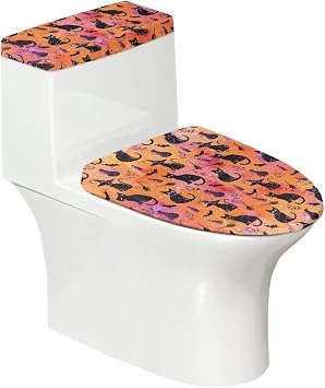 Halloween Black Cats Print Toilet Lid Covers with Elastic Bottom, Universal Fit Toilet Top Cover for Bathroom Decor, 2 Piece Set