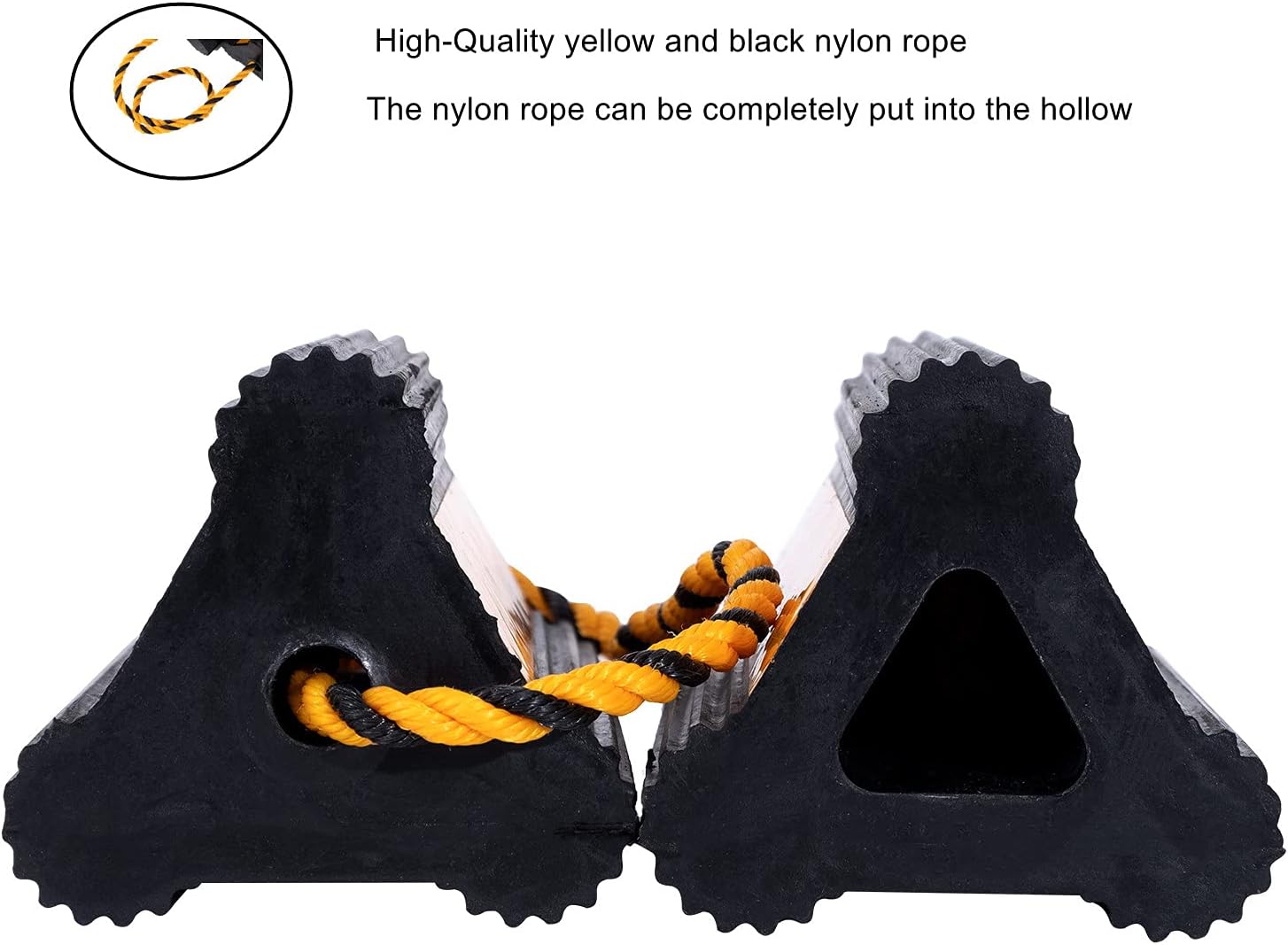 Wheel Chock Heavy Duty Rubber Trailer Wheel Chocks with Yellow Reflective Visibility Tape and Yellow Nylon Rope for Concrete Slopes or Ground Leveling (4 Pack)