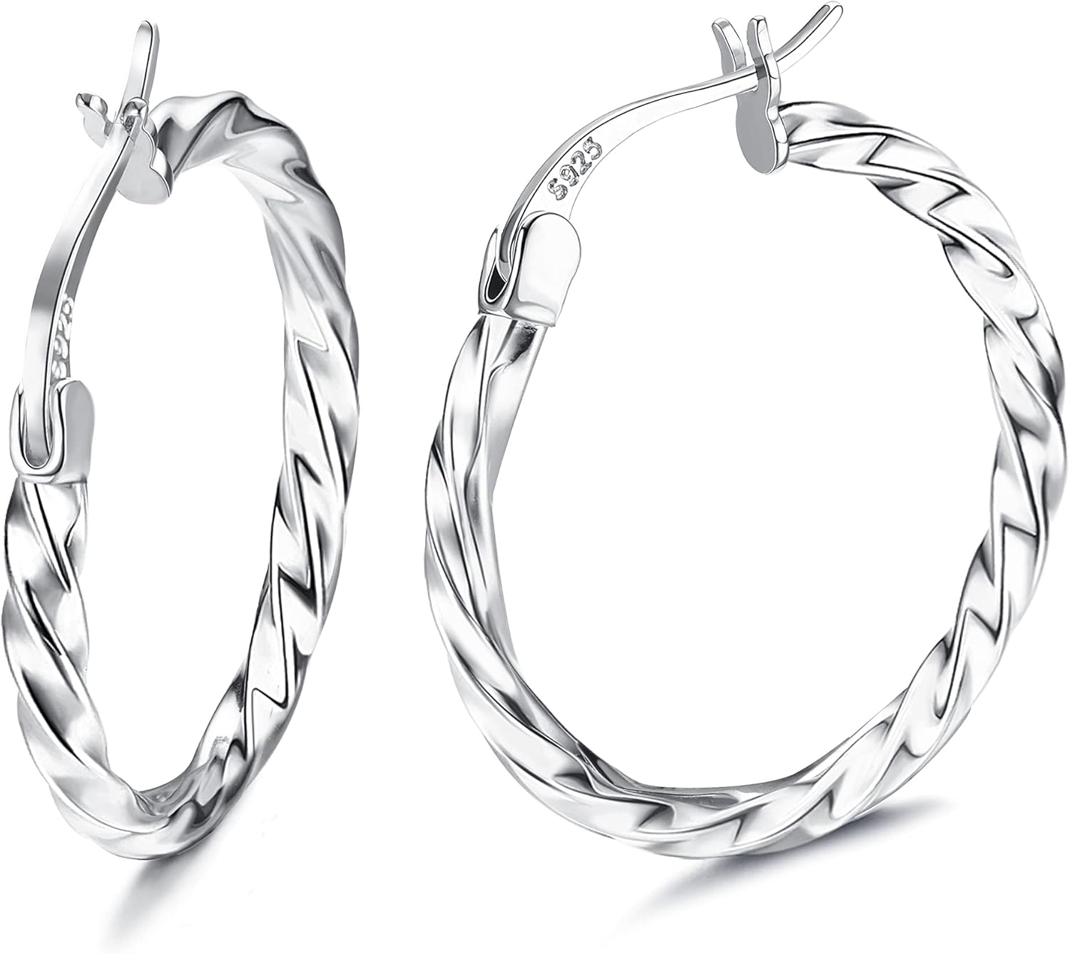 Milacolato 925 Sterling Silver Hoop Earrings for Women 18K White Gold Plated Twisted Hoop Earrings Hypoallergenic Lightweight Click-Top Big Hoop Earrings 13/15/20/25/30/40/50/60mm