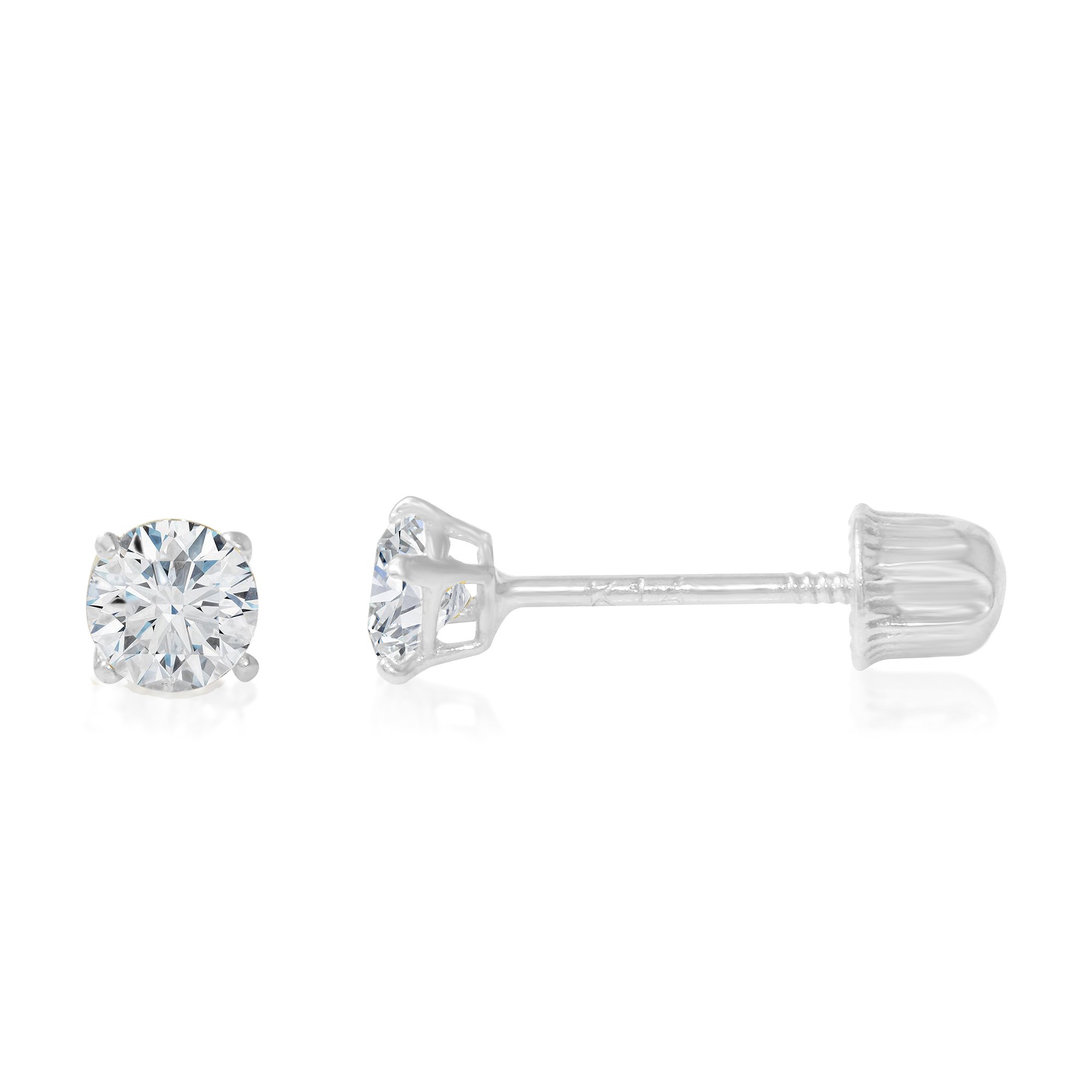 14K Yellow OR White Solid Gold Round Solitaire Cubic Zirconia CZ Stud Earrings Pair in Screw Back - Various Sizes