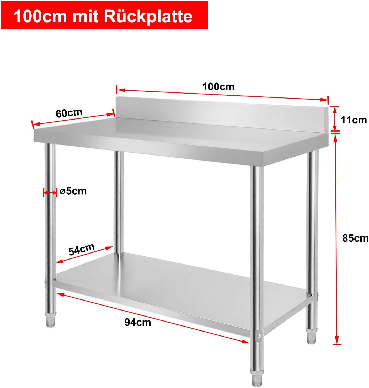 ACXIN Tavolo da lavoro in acciaio inox con piedini regolabili in altezza e grande ripiano inferiore da cucina, tavolo da lavoro per la preparazione degli alimenti, 100 x 60 x 85 cm, argento (con