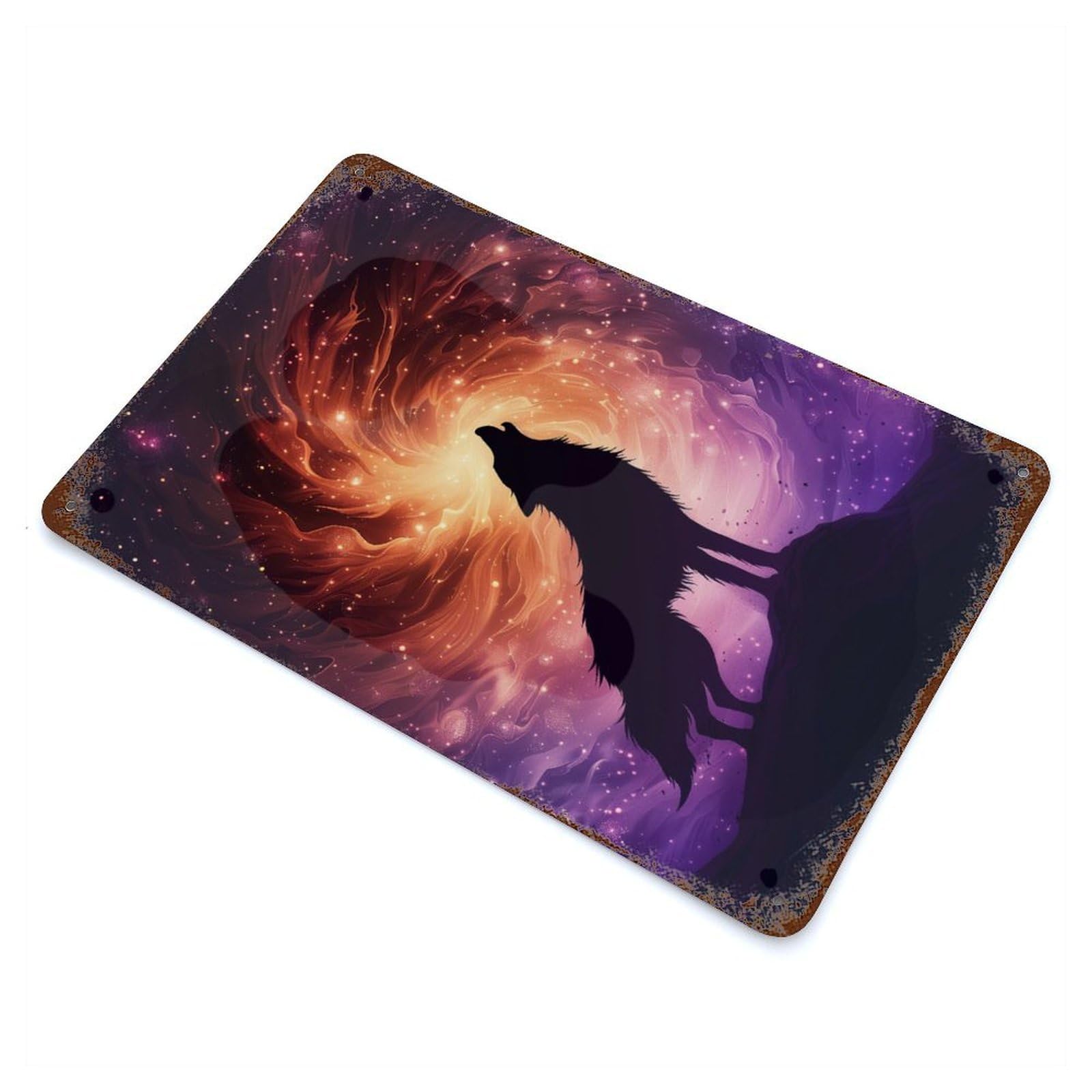 Rust Effect Wolf Howling at Cosmic Vortex Sky Decorative Tin Sign 11.8"x7.9", Vintage Wall Decor for Farmhouse, Kitchen And Entryway Decor