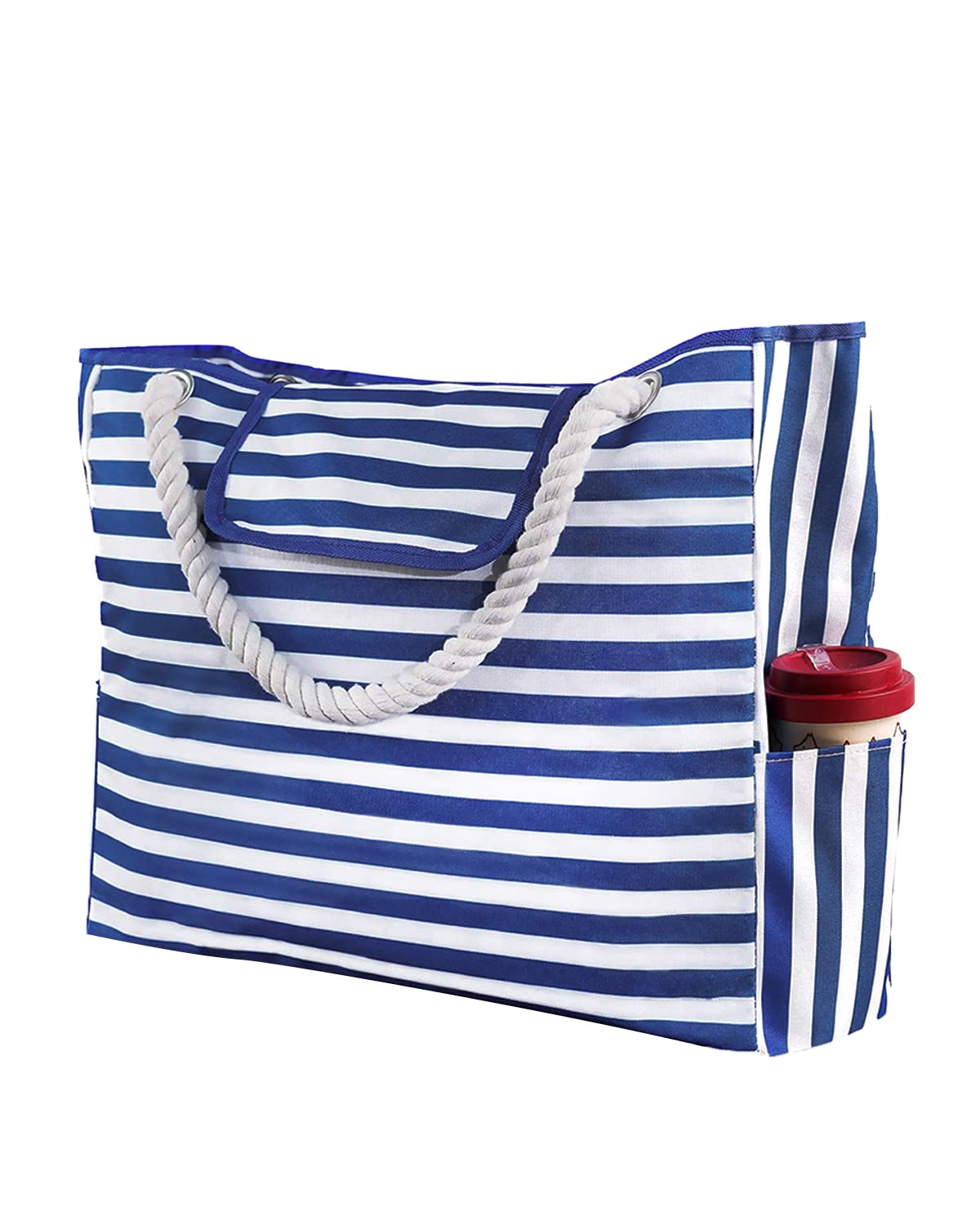 JFAN Bolso Playa Mujer con Botón Imantado Bolsas de Playa Grandes a Rayas XXL Familiar 52 x 45 x 15 cm