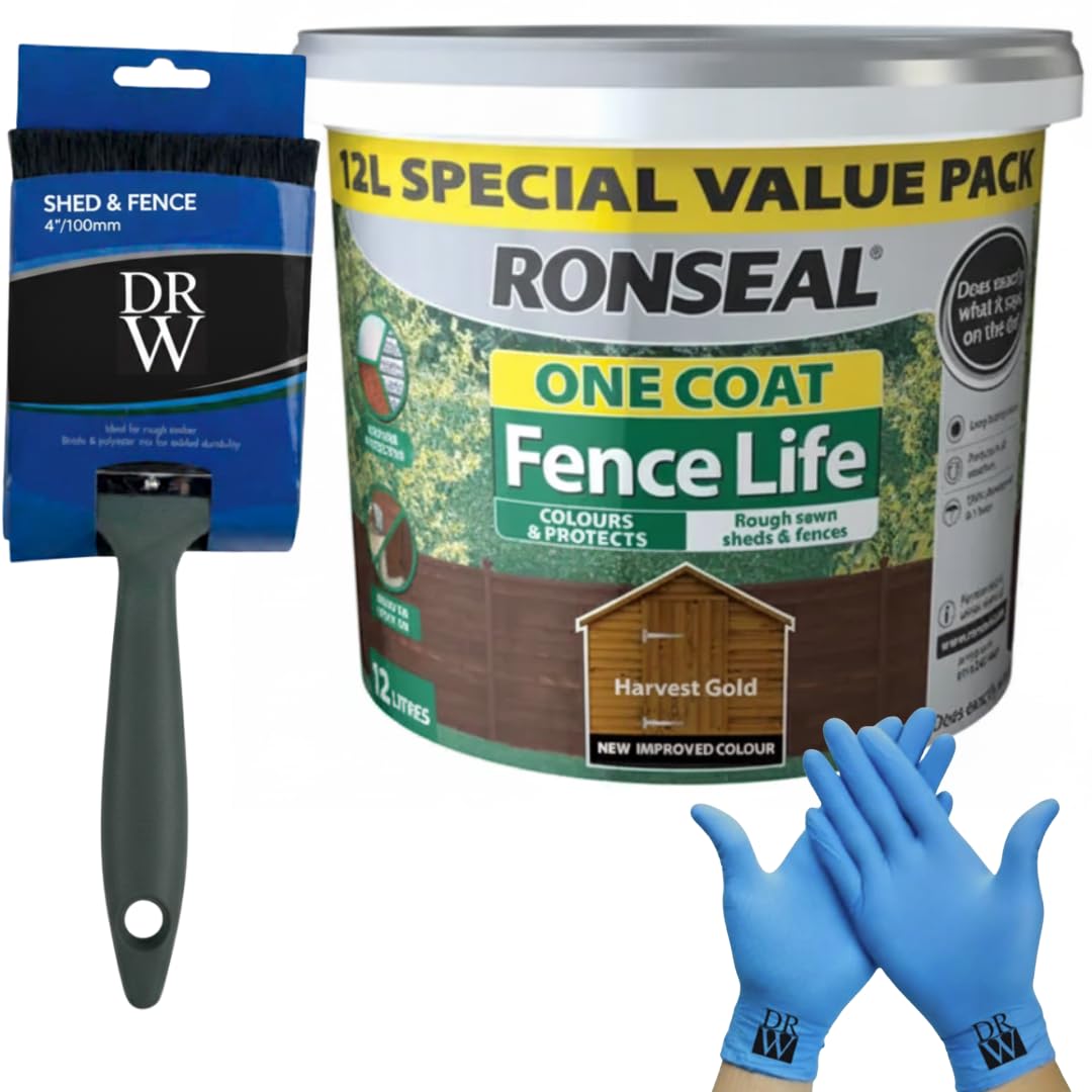 Drw Harvest Gold One Coat Shed & Fence Protector 12L + Free 4" Fence Paint Brush & Nitrile Gloves | Long-Lasting Weatherproof Wood Protection | One Coat Formula For Sheds, Fences & Timber