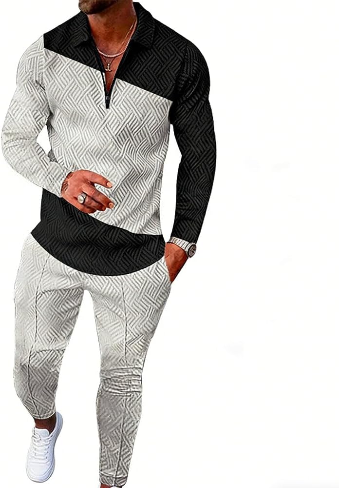 Men's Polo Sweatsuit Sets Long Sleeve 2 Piece Outfit Fashion Jogging TrackSuit Comfy Casual Set for Men
