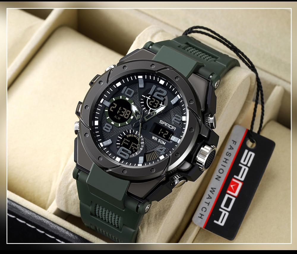 Orologio sportivo analogico digitale da uomo, impermeabile fino a 50 m, militare, tattico, con cronometro, sveglia, retroilluminazione, doppio display, quadrante grande, cinturino in resina