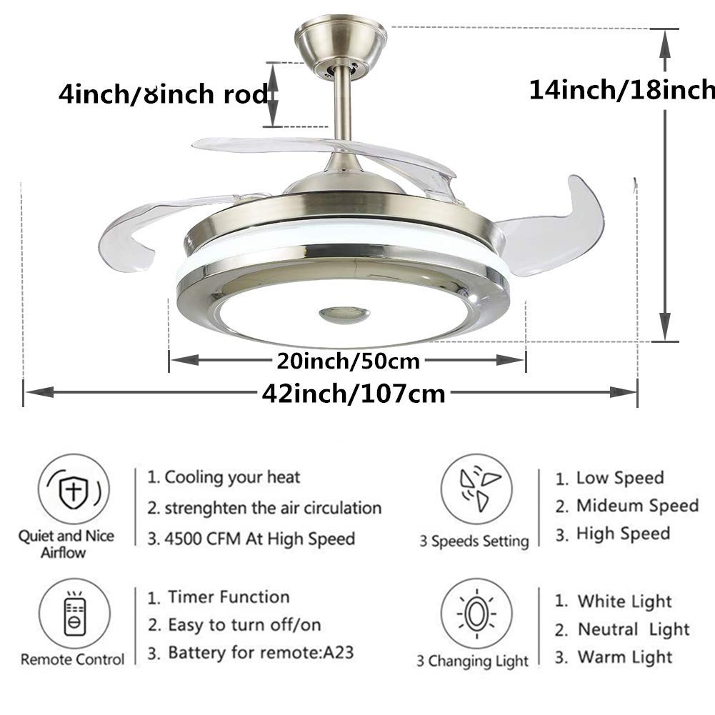 Modern Ceiling Light With Fans Remote Control, 4 Retractable Blades With 3 Light Color Change Ceiling Fan For Living Bedroom