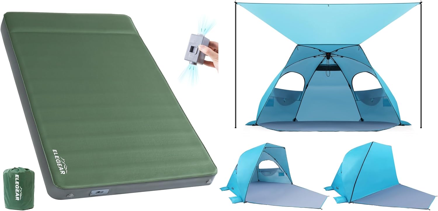 Elegear Air & Foam Self Inflating Sleeping Pad & Beach Tent with Canopy 4-6 Person Blue Bundle