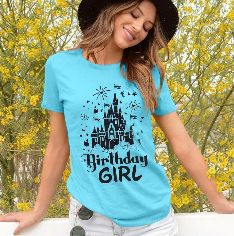 Image of Dapiaoliang Birthday Crew Shirts for Women Vintage Magic Castle Graphic Print Happy Birthday T Shirt Summer Casual Short Sleeve Loose Fit Plus Size Magical Tee Tops(Lake Blue XXL), XX-Large