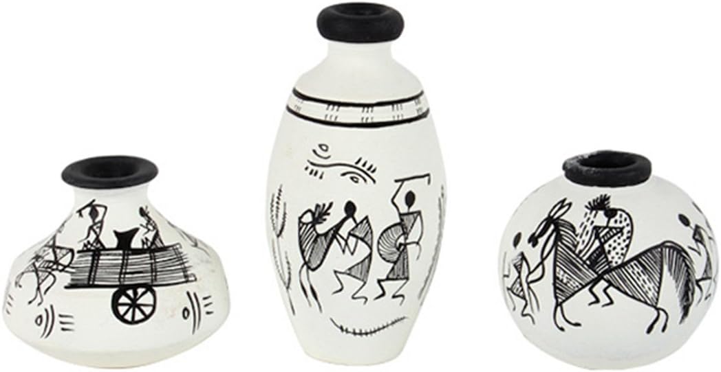 ExclusiveLane 'Warli Handpainted' Terracotta Pots Vases for Home Decoration (Set of 3, White)|Terracotta Décor Miniature Pots Showpiece Teracotta Pots for Home Décor Terracotta Vases for Living Room