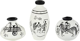 ExclusiveLane 'Warli Handpainted' Terracotta Pots Vases for Home Decoration (Set of 3, White) Terracotta D cor Miniature Pots Showpiece Teracotta Pots for Home D cor Terracotta Vases for Living Room