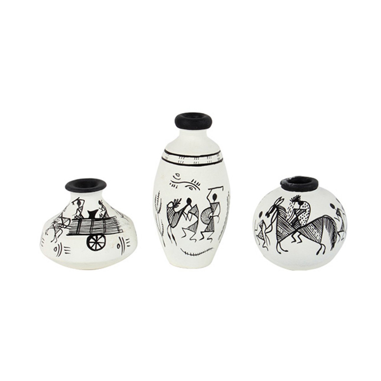 ExclusiveLane 'Warli Handpainted' Terracotta Pots Vases for Home Decoration (Set of 3, White)|Terracotta Décor Miniature Pots Showpiece Teracotta Pots for Home Décor Terracotta Vases for Living Room