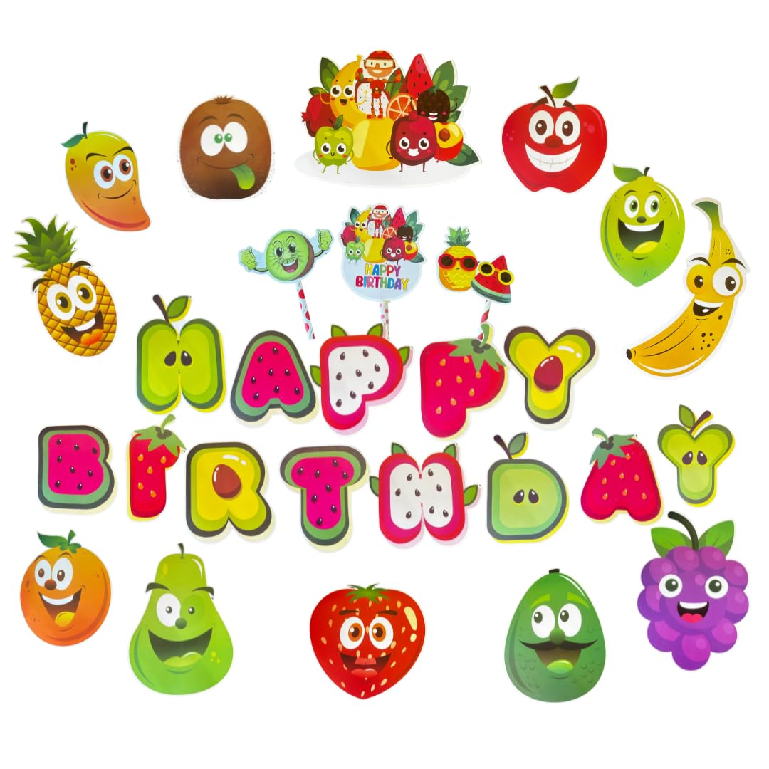 FI - FLICK IN 16 pcs Happy Birthday Fruit Theme Decoration Set Fruit Figure Cutouts Props Cake Topper Birthday Decor Kit (Pack of 16, Multicolor)-image-16