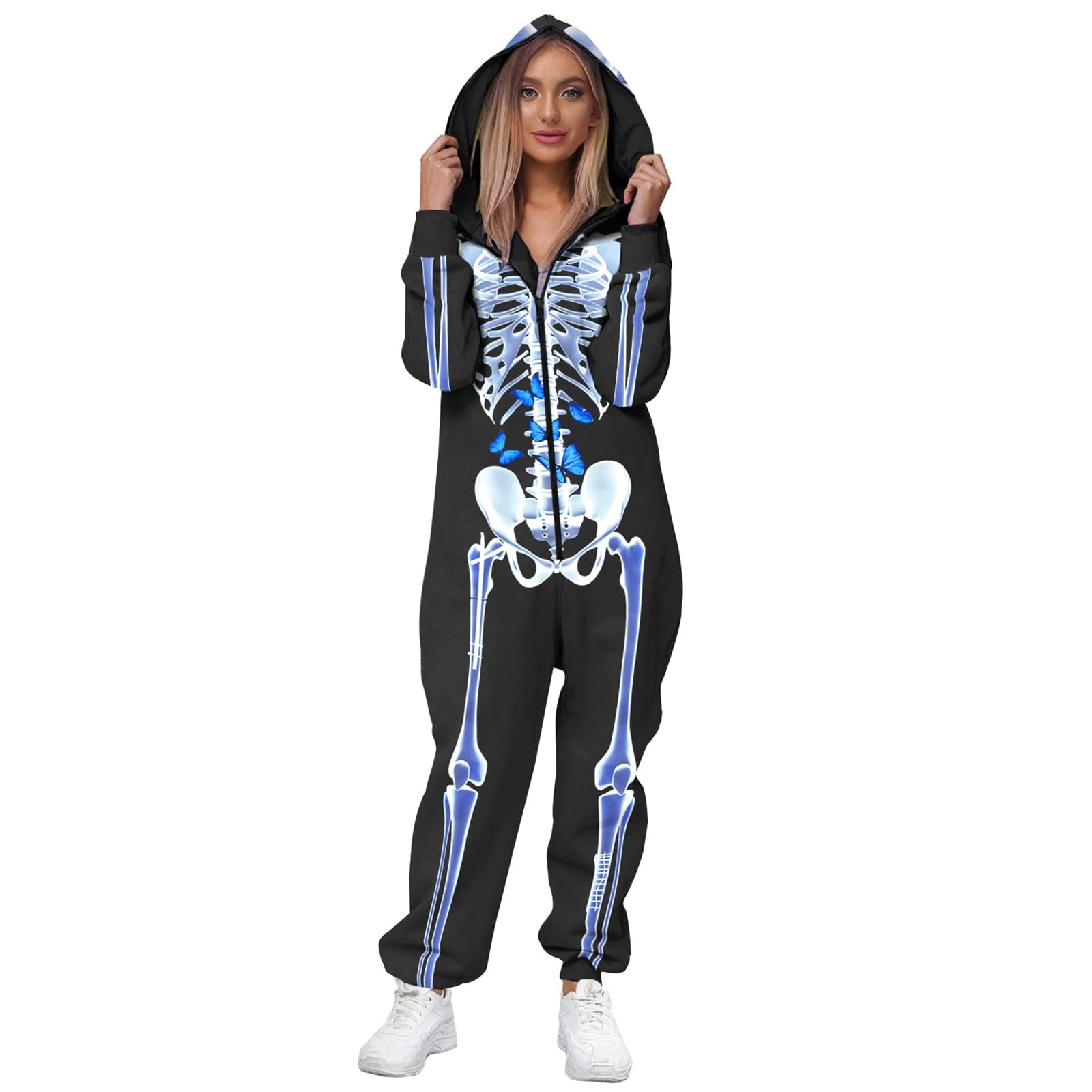 Disfraz de esqueleto de Halloween para adultos – Mono unisex de peluche pijama de una pieza acogedor cosplay para hombres