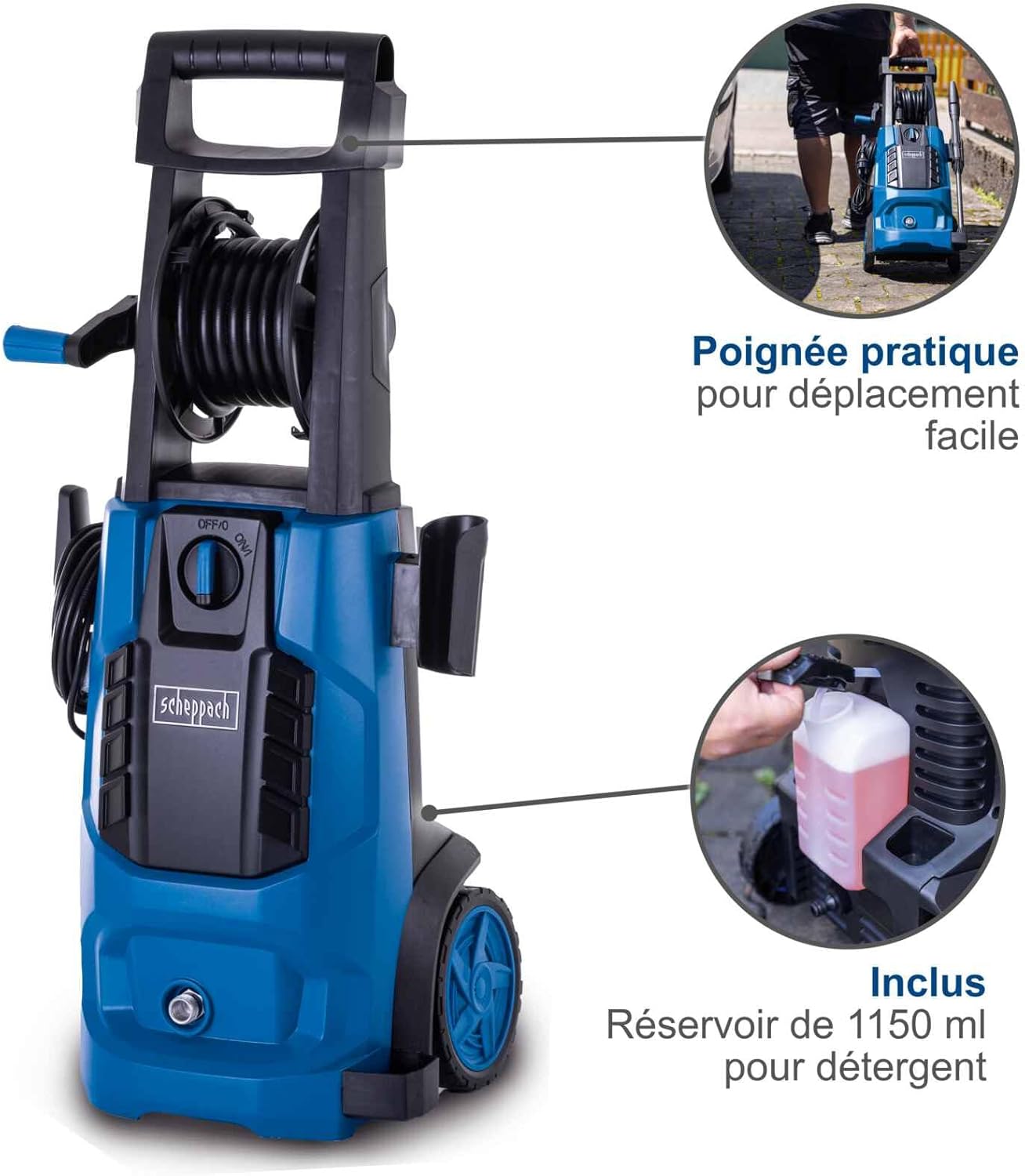 Diagram highlighting the practical transport handle and the integrated 1150 ml detergent tank
