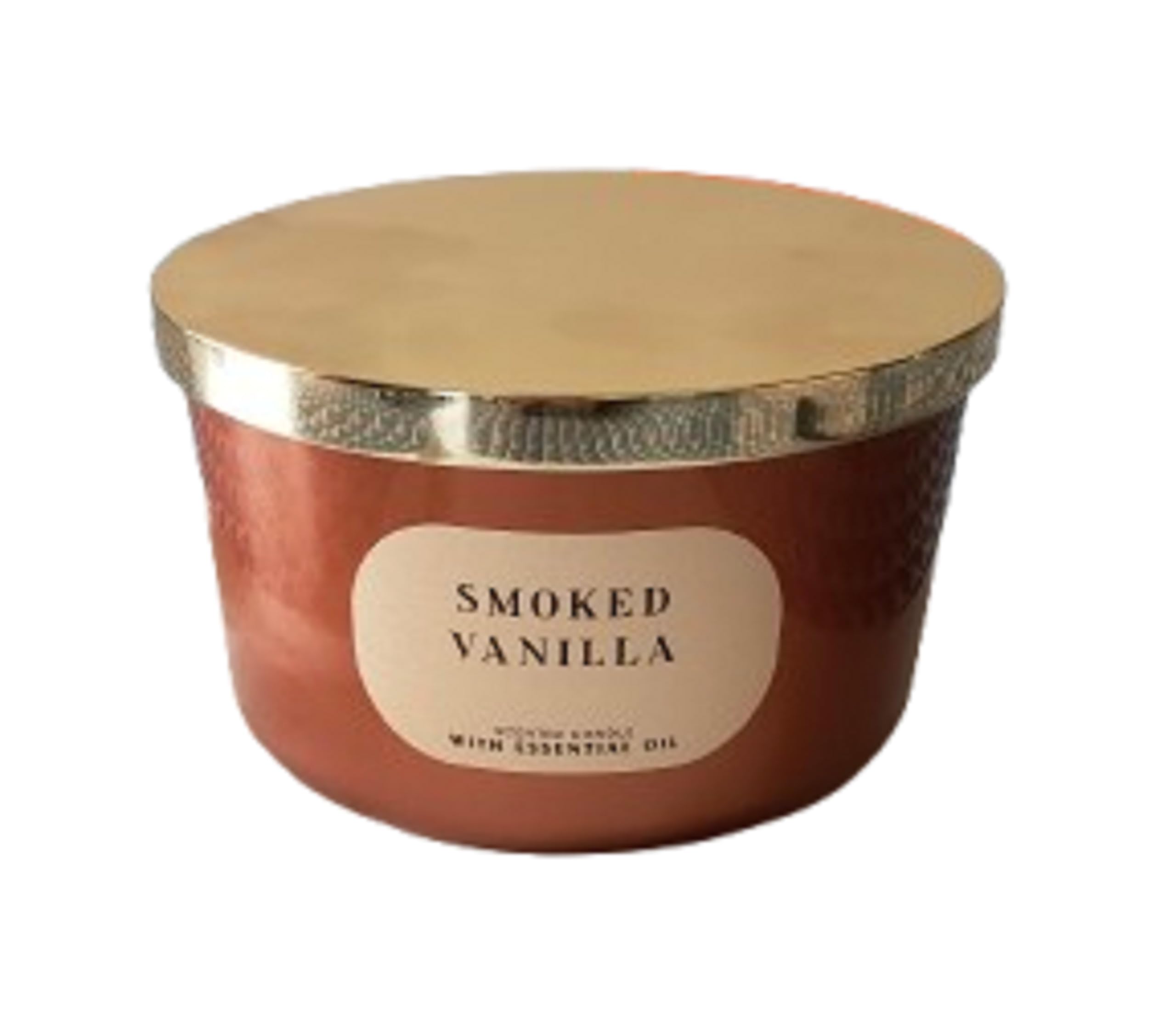 Vela perfumada 3 mechas Smoked Vanilla - Vainilla ahumada - Maceta decorativa color cobre - Cera de calidad - 35 horas de combustión - Ø 13 cm, H 8 cm - 330 g - Idea de regalo chic