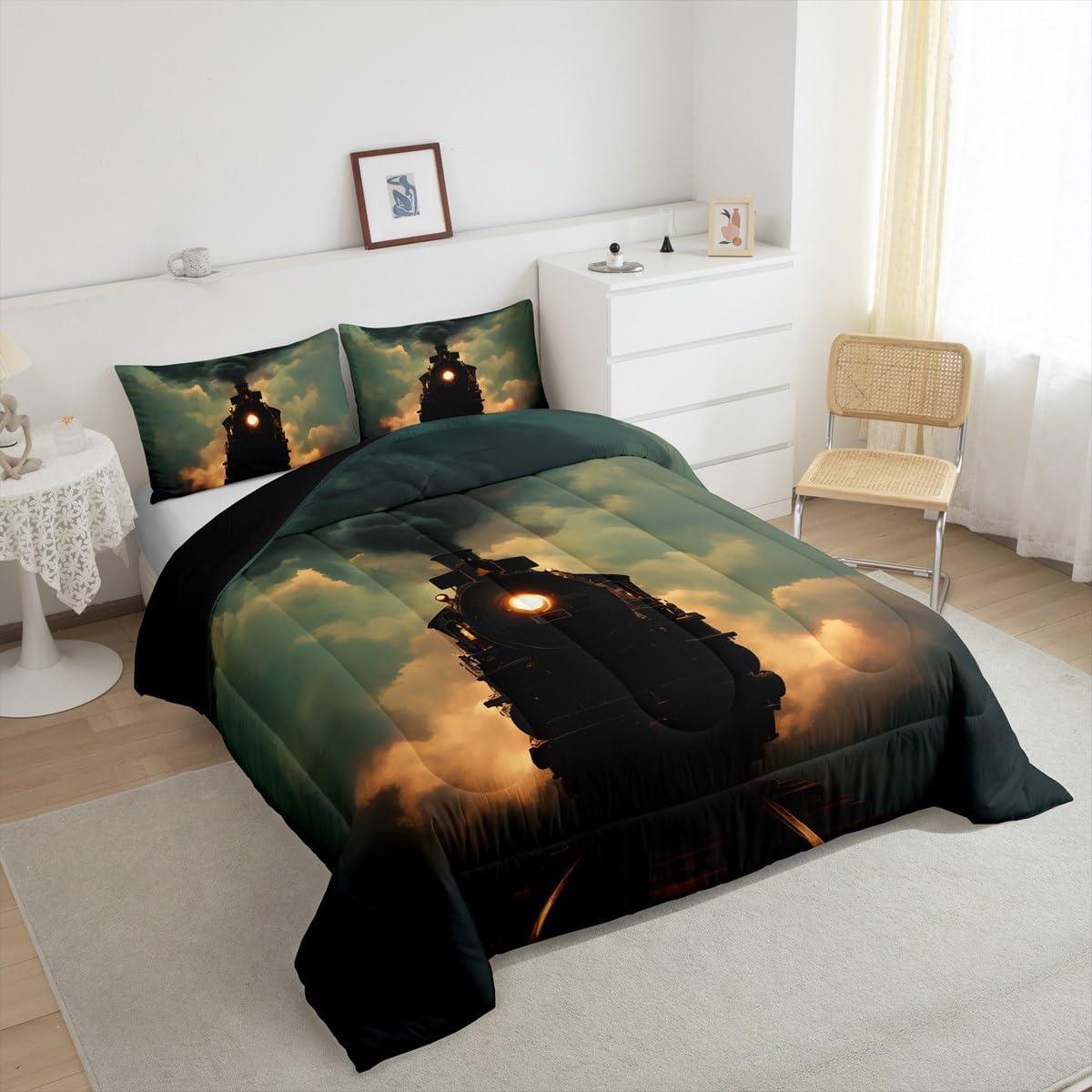 Erosebridal Steam Train Comforter Set Twin Size 3D Railway Track Bedding for Kids Vehicles Engine Room Decor Retro Transport Vehicle Duvet Insert Equipment Smoky Bedroom Decor Lightweight Quilt