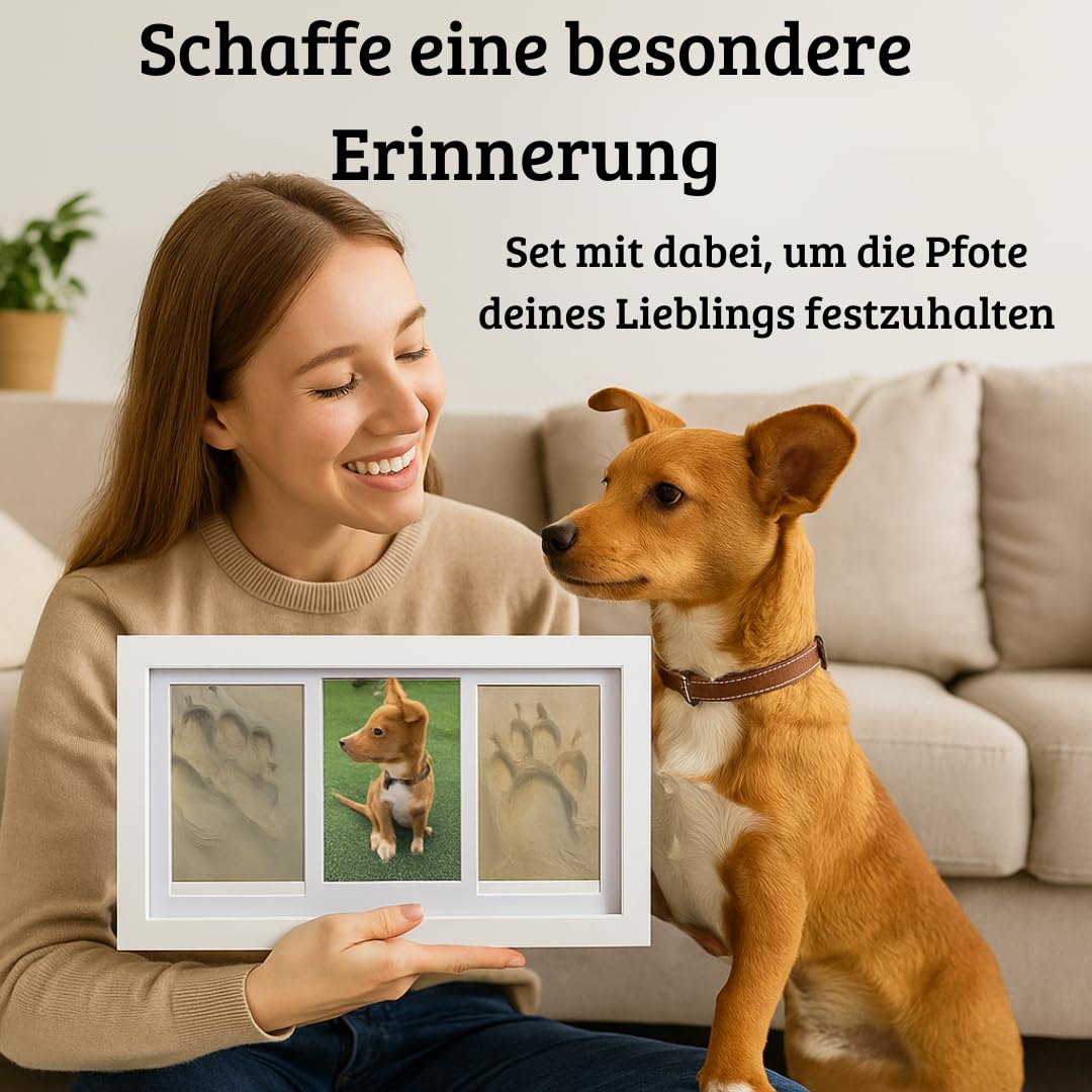 Bilderrahmen für Haustierabdrücke (Hund, Katze) mit Foto, Druckset aus weißem Ton, Geschenkbox mit farbigem Passepartout, personalisiertes Andenken für Hunde und Katzen.