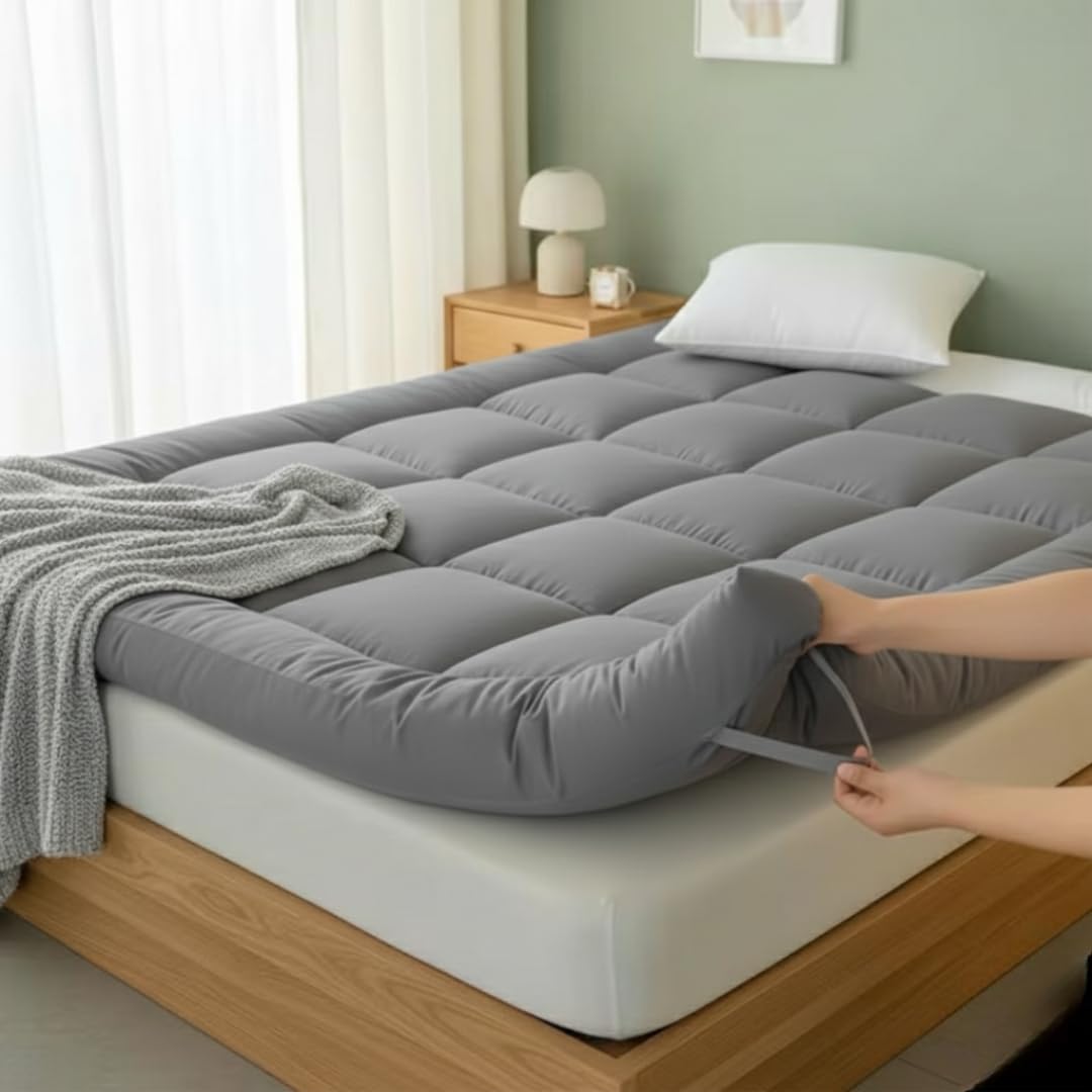 Extra Deep 10cm Thick Mattress Topper Kingsize Bed - 1000 GSM Heavy Fill Back Support, Hotel Quality Microfibre Mattress Pad | Strong Elastic Straps Machine Washable (Grey, King Topper)