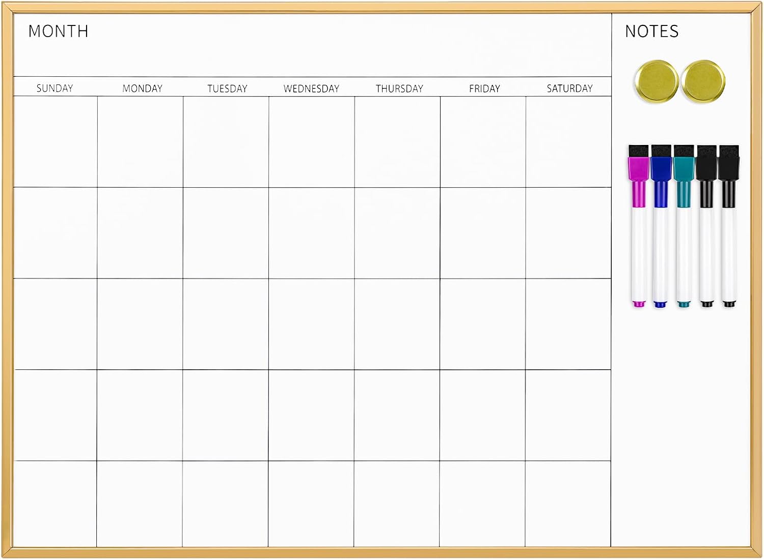 VUSIGN Magnetic Monthly Calendar Whiteboard, 17'' x 23'' Dry Erase Calendar for Wall Office School Home, Gold Wooden Frame 23''x17''