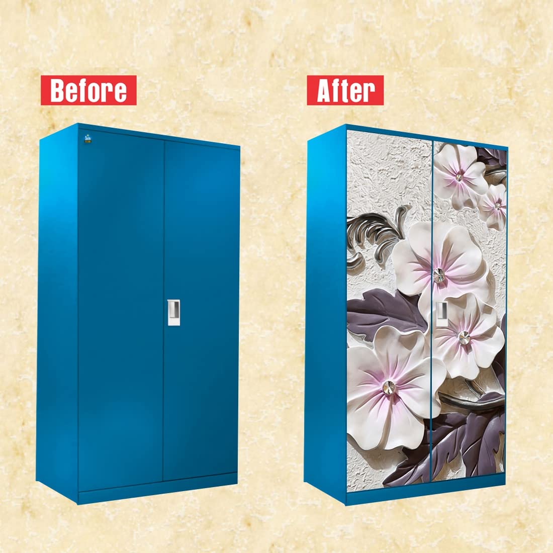 WallWear - Almirah Sticker (Royal Pearl Almira) | Self Adhesive Sticker | Wallpaper & Wall | Door Skin Sticker PVC Vinyl (213x 99) cm for Home Decoration (Stone Flower Almirah) 1