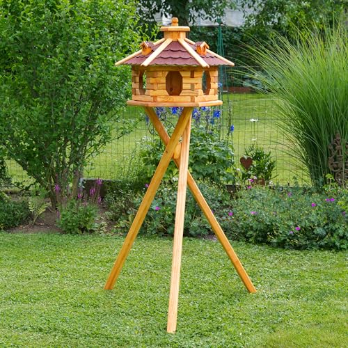 Deko-Shop-Hannusch Vogelhaus wahlweise mit Ständer und Solarbeleuchtung, Verschiedene Größen L - XXL, Futtersilo, wetterfestes Bitumendach (Größe riesig XXL mit Ständer, rot)