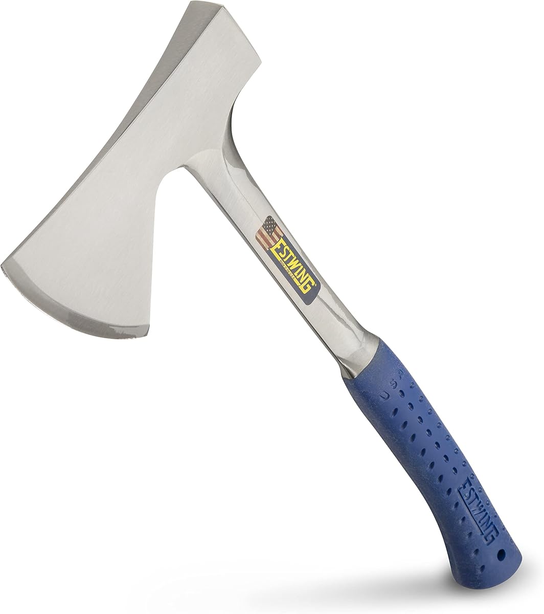 Hacha de campista, hacha azul para hombres al aire libre de 19", E44A | Fabricada en EE. UU., Versatilidad al aire libre, Empuñadura de reducción de impactos patentada, forjada en una sola pieza, funda resistente