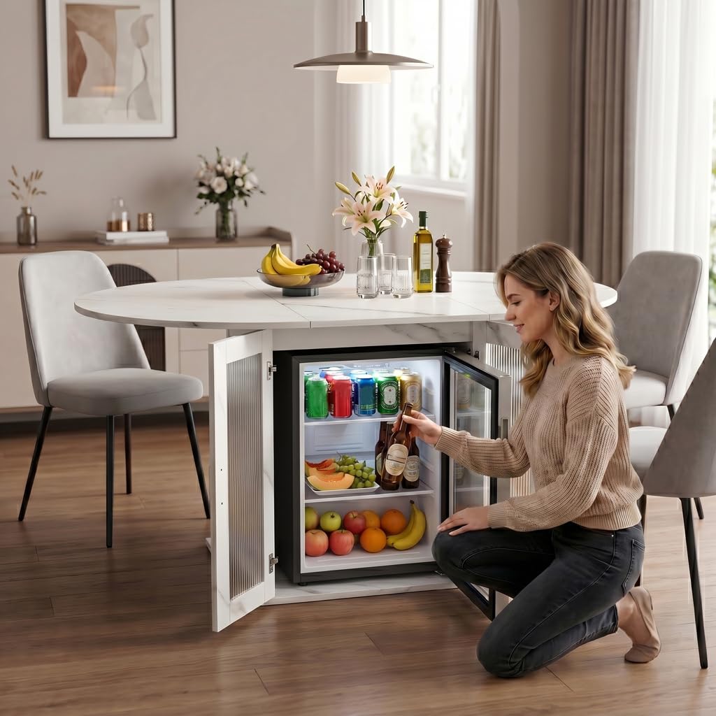 Tavolo da pranzo allungabile ovale, 100/140 x 100 x 77 cm, tavolo da cucina per 4-6 persone, con spazio di archiviazione e frigorifero, moderno tavolo da pranzo allungabile, tavolo da soggiorno con