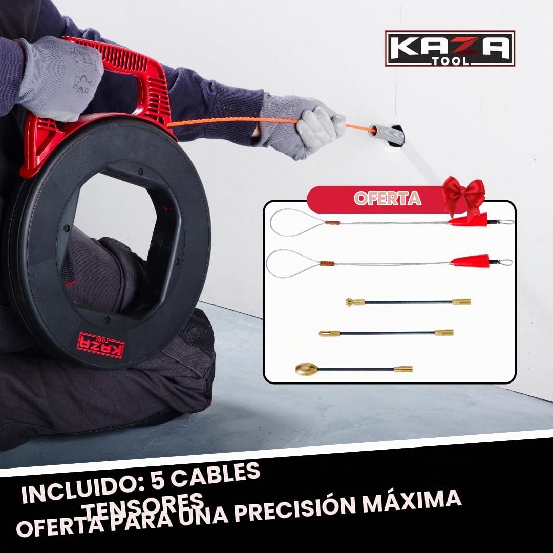 Aguja de Electricista 50m, Φ 4,5mm Pasacables + 5 Adaptadores | Pasacables Cable Eléctrico de Poliéster ULTRA RESISTENTE | Pasacables Fibra Óptica + 2 Cabezales Flexibles de Guiado. Para un trabajo de