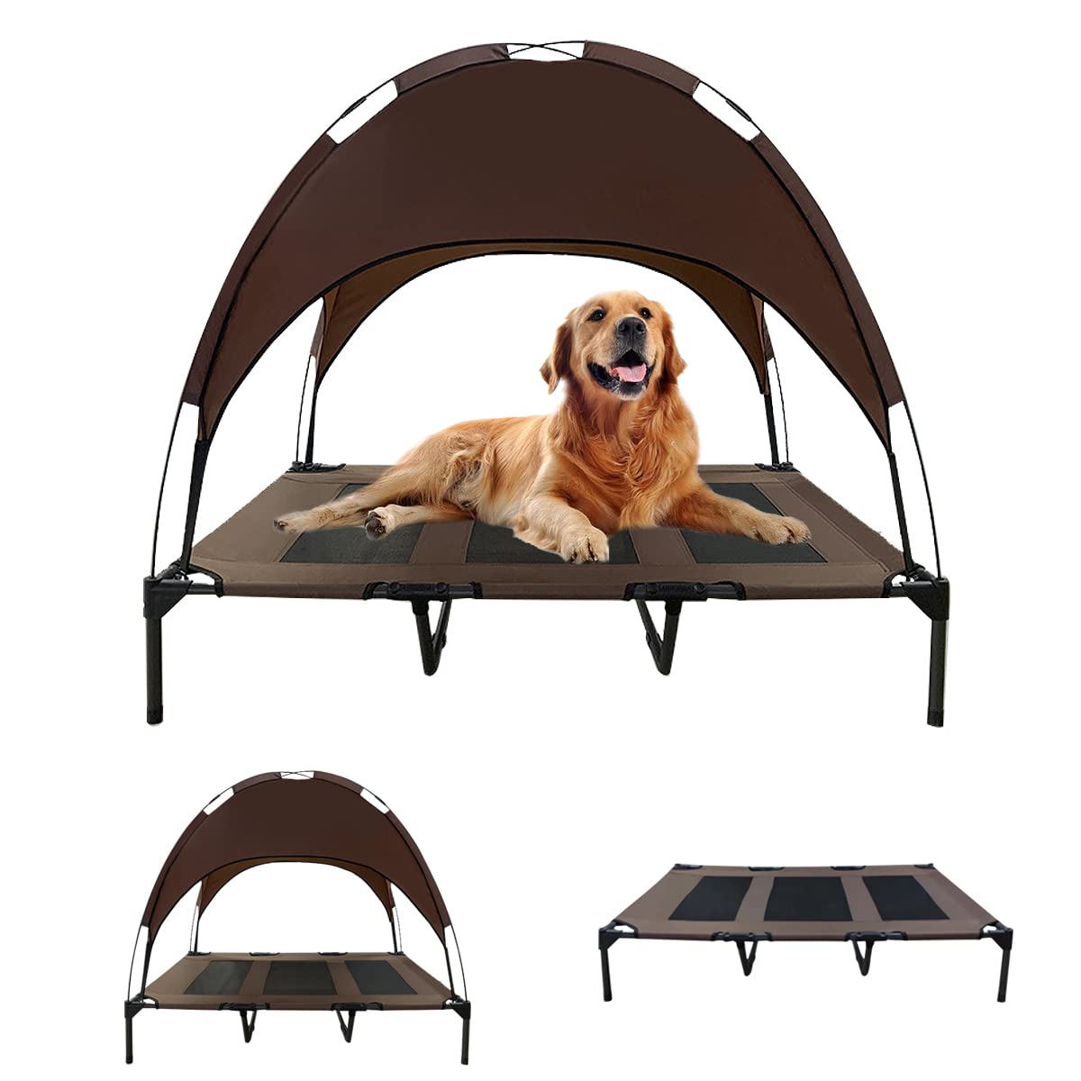 Elevated Dog Bed with Canopy, Raised Large Dog Bed Cooling Pet Kennel Sofa Lounger Couch Cot Foldable Washable Teslin Oxford Fabric Dog Tent Shade Indoor Outdoor for Adult Cats Big Dogs(90*120*23cm)