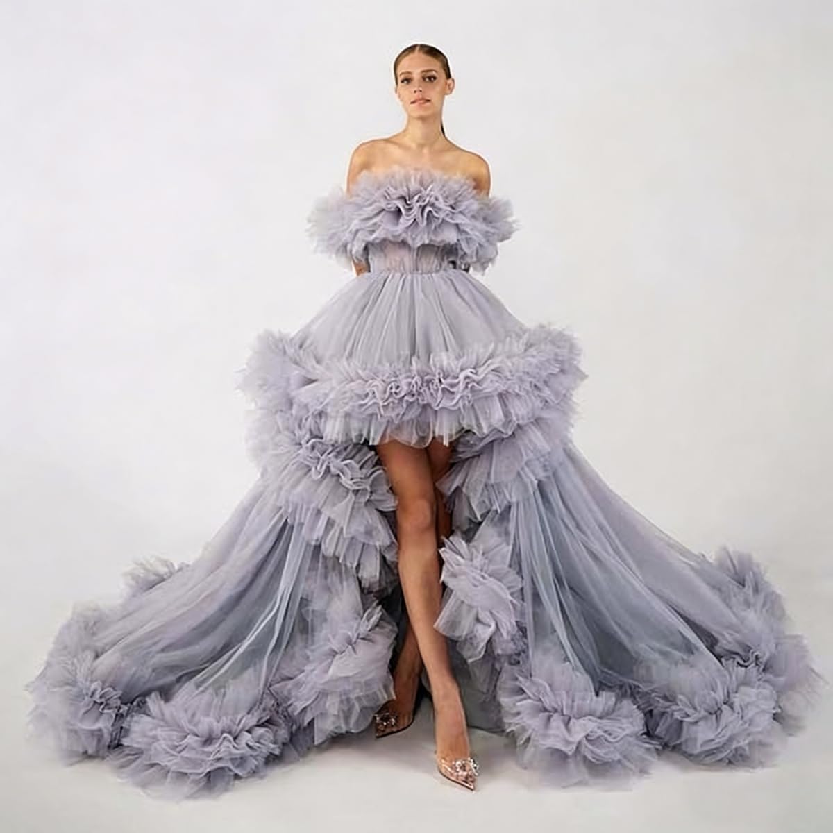 High Low Tulle Prom Dress Off Shoulder Puffy Long Ball Gown 2026 Ruffles Formal Evening Dresses