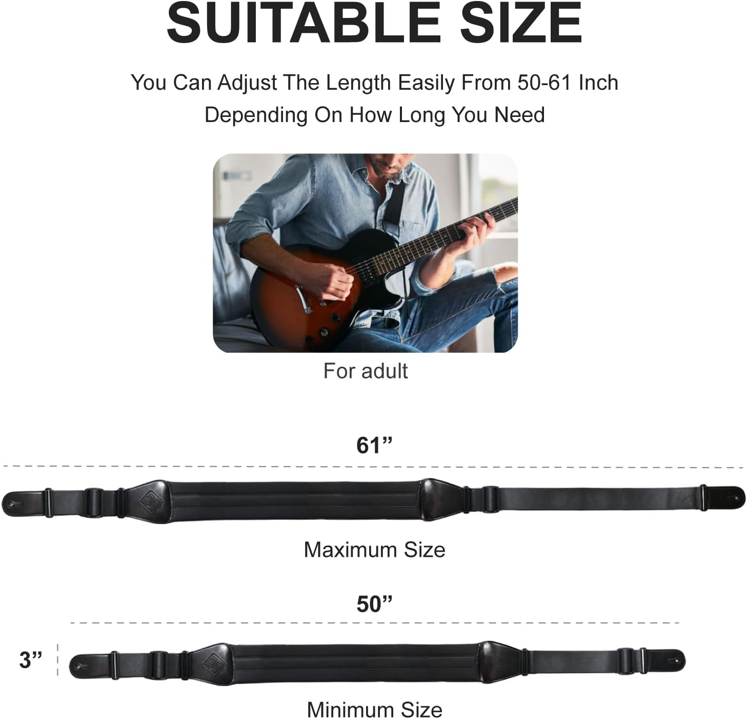 RISEN RS200 Guitar Strap for Electric Guitar & Bass – 3" Wide Padded Neoprene with Sponge Padding Black Soul
