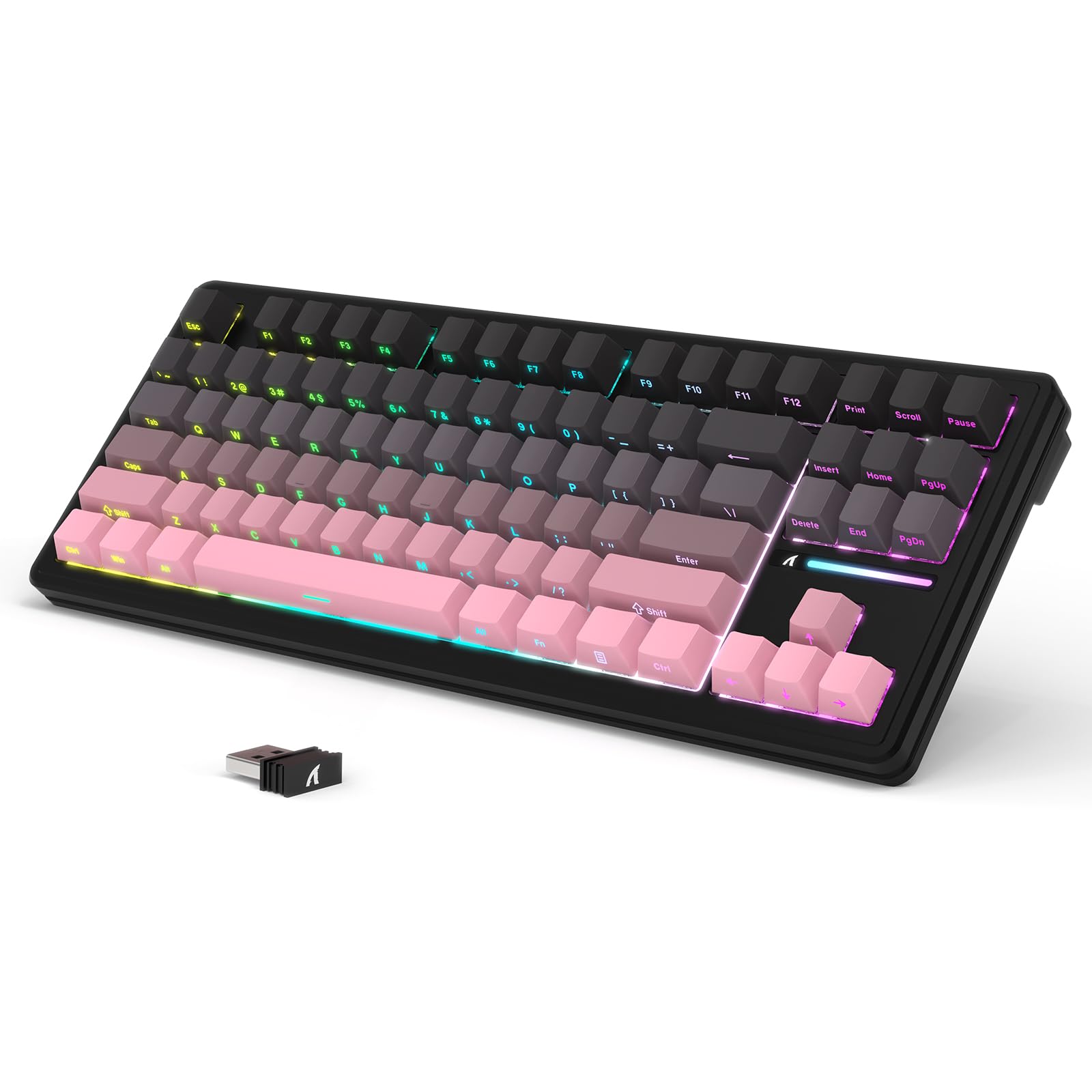 LexonElec x Attack Shark M87 Wireless Gaming Keyboard, BT y 2,4G y Cable, QWERTY 75% RGB Teclado Mecánico, Hot-Swap Interruptor Lineal, Teclas PBT Degradado con Impresión Lateral - Negro/Rosa