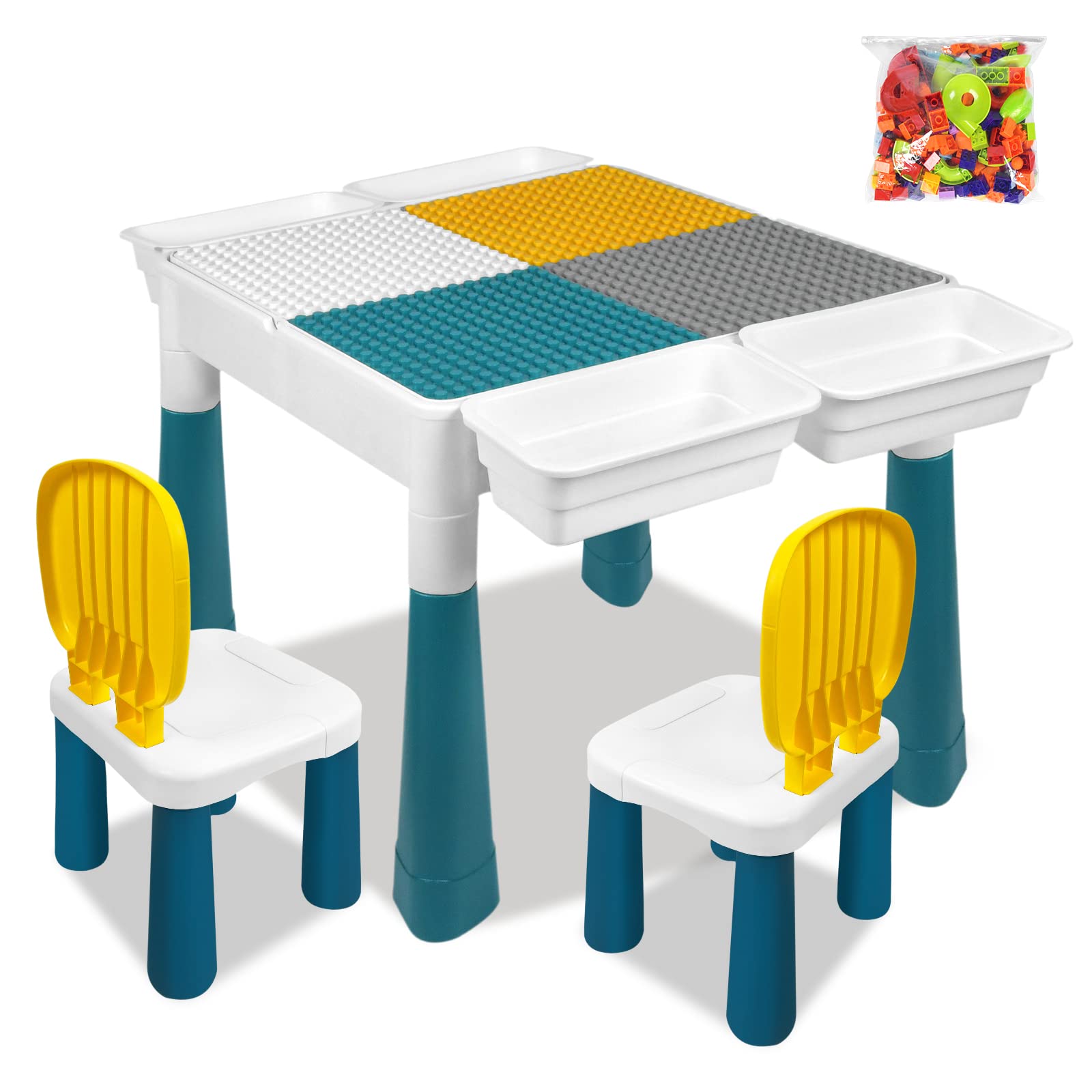 XMTECH 6 in 1 Kindertisch mit Stühle Set,Kompatibles Multi Aktivitätstisch Set,Basteltisch mit 2 Stühle und 163 Bausteinen Multifunktionaler Lern- und Spieltisch mit Aufbewahrung,Geschenk