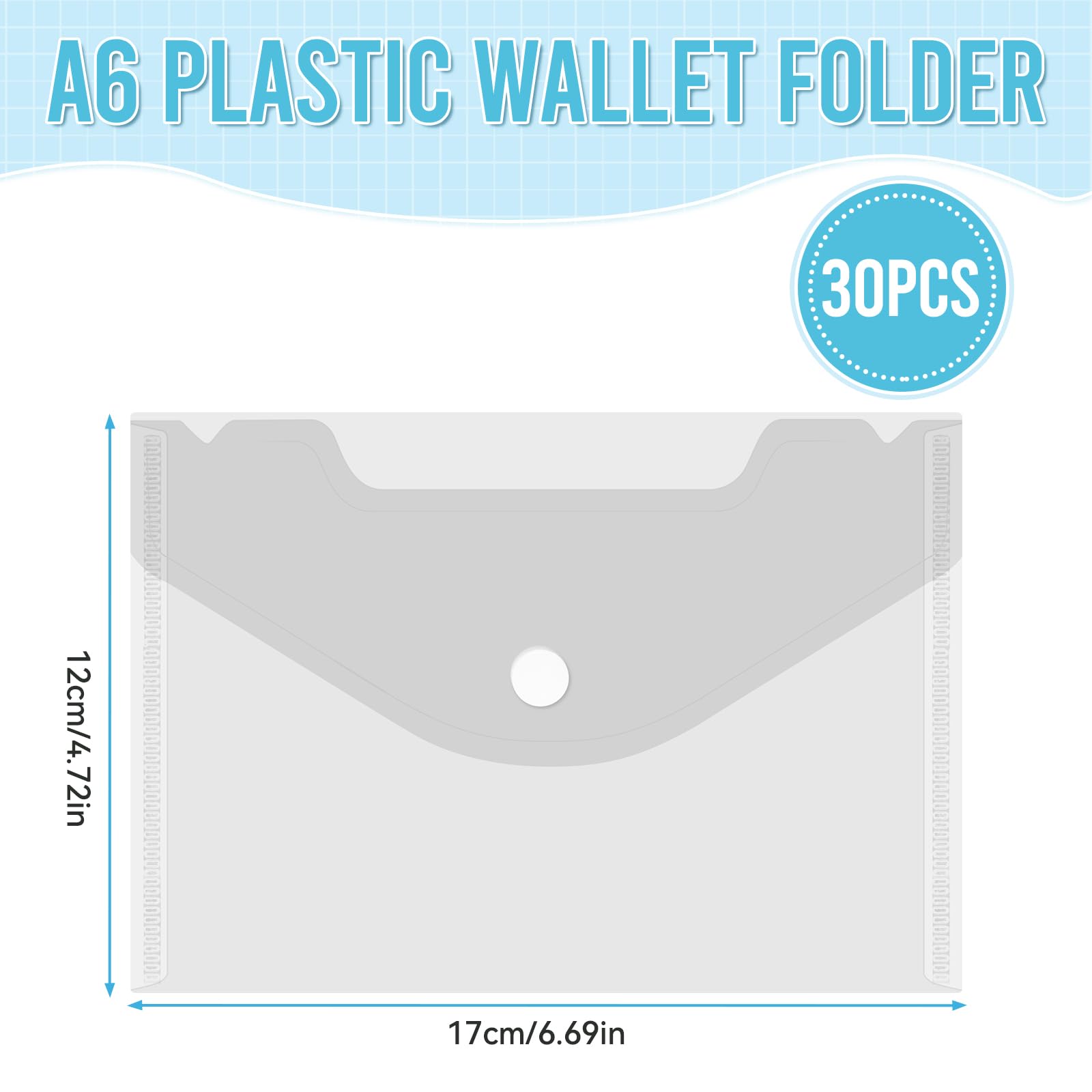 Lot de 30 pochettes A6 en plastique transparent étanche avec bouton pression, 17 × 12 cm, porte-documents A6 simple à bouton-pression pour la maison, l'école, le bureau, les voyages