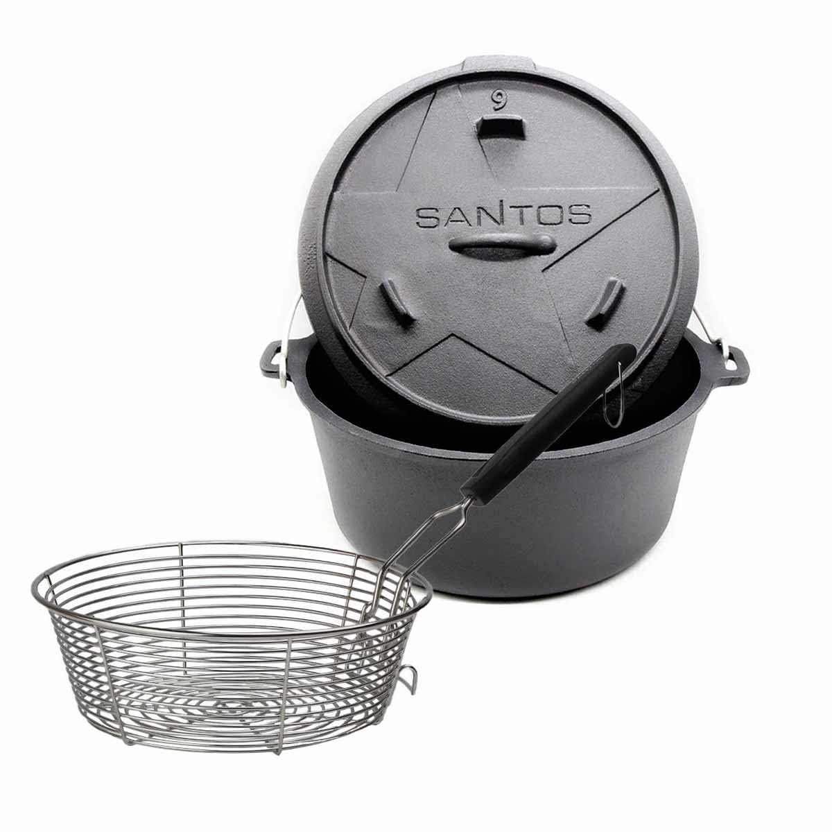 SANTOS Dutch Oven mit Deckel - inkl. Frittierkorb Ø 27,5 x9,5cm - 8,5 L/9 Qt Feuertopf - Gusseisen - ideal für Lagerfeuer, Feuerstelle, Kohle- oder Gas-Grill