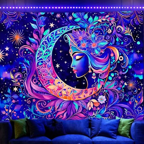 Tapisserie murale lune réactive aux UV pour illuminer l'ambiance cosy d'une chambre d'ado
