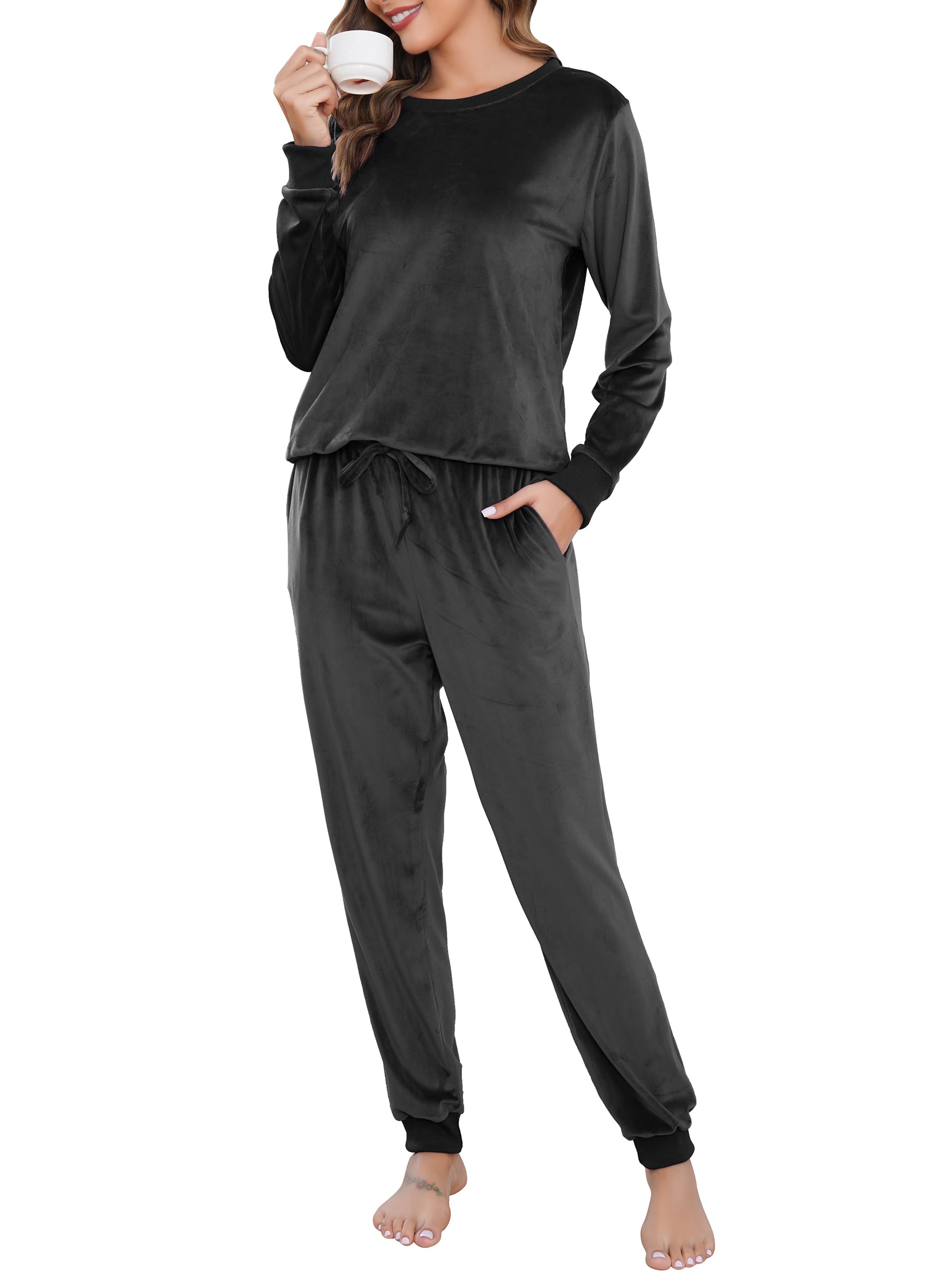 Wikoan Pigiama Donna Invernale Morbido Pile Set Pigiami Due Pezzi Set di Pigiami Loungewear Sleepwear con Tasche,S-XXL