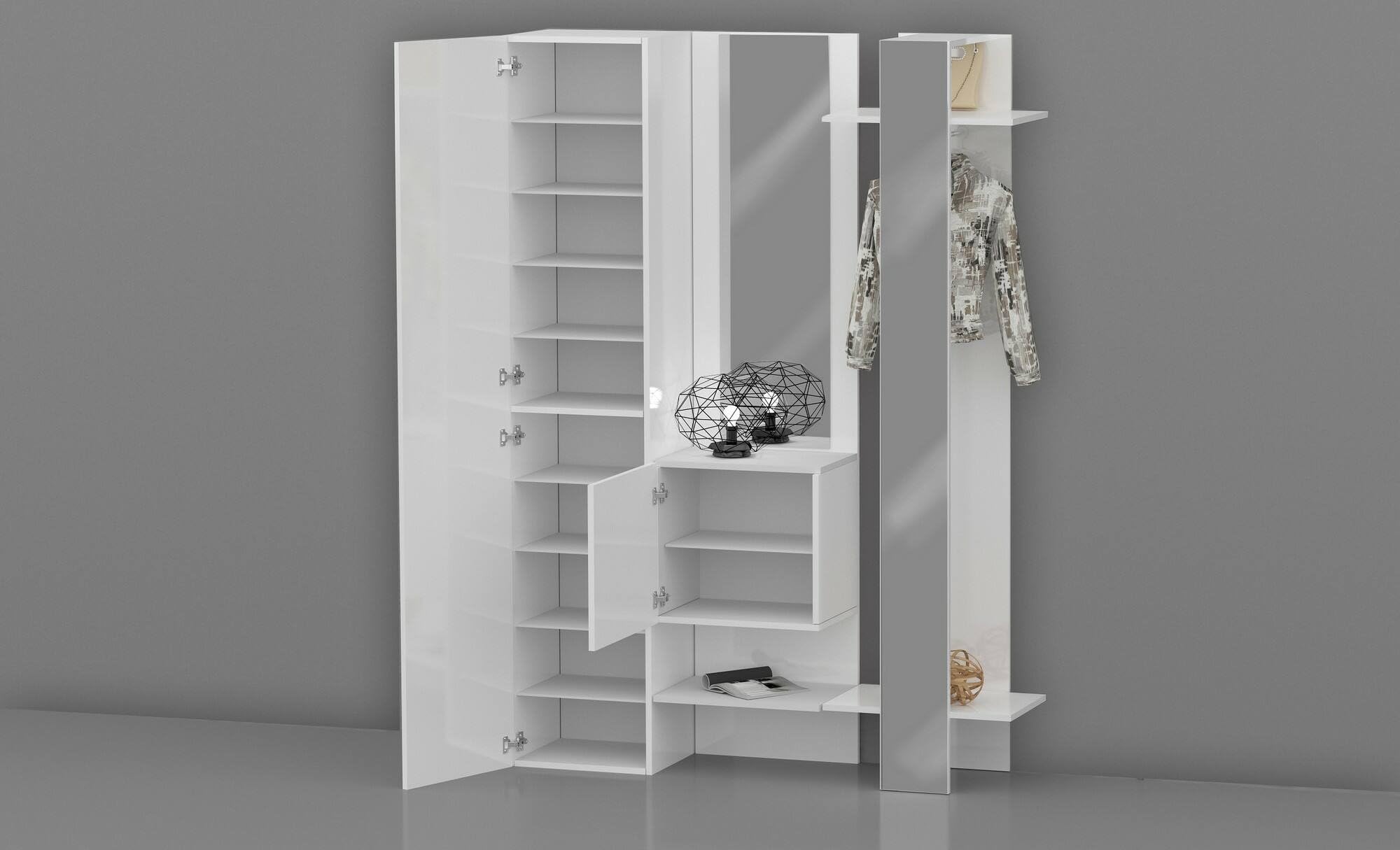 Dmora - Mobile da ingresso Vilmaro, Armadietto multifunzione a 2 ante, Appendiabiti da parete con 2 specchi, 140x35h190 cm, Bianco