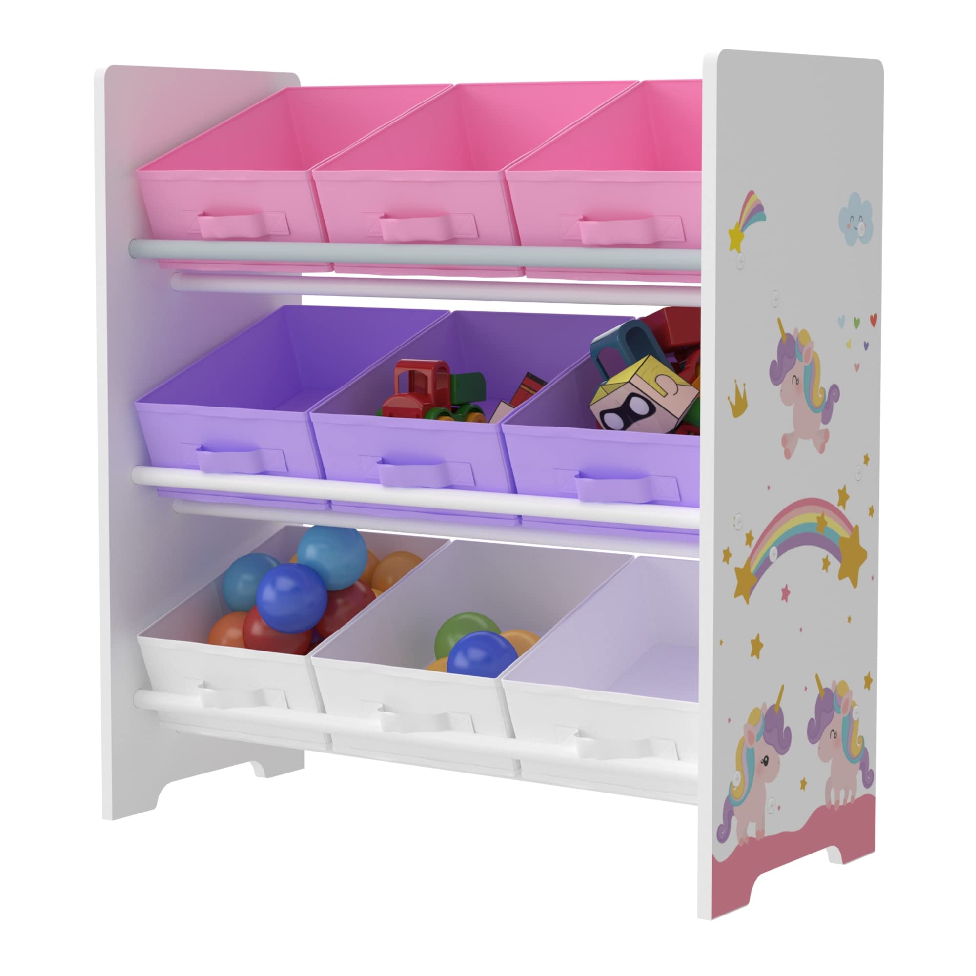 [en.casa] Scaffale Portaoggetti Montessori per Bambini Mobile Contenitore per Cameretta con 9 Cassetti Inclinati in Tessuto e Struttura Decorata 60x62x30 cm Design Unicorno