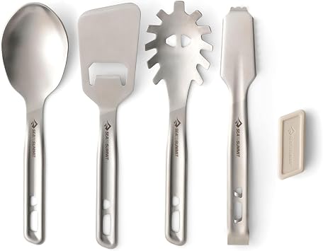 Sea to Summit Detour Stainless Steel Camping Utensil Set for Cooking and Serving Serving Spoon, Slotted Spoon, Tongs, Spatula