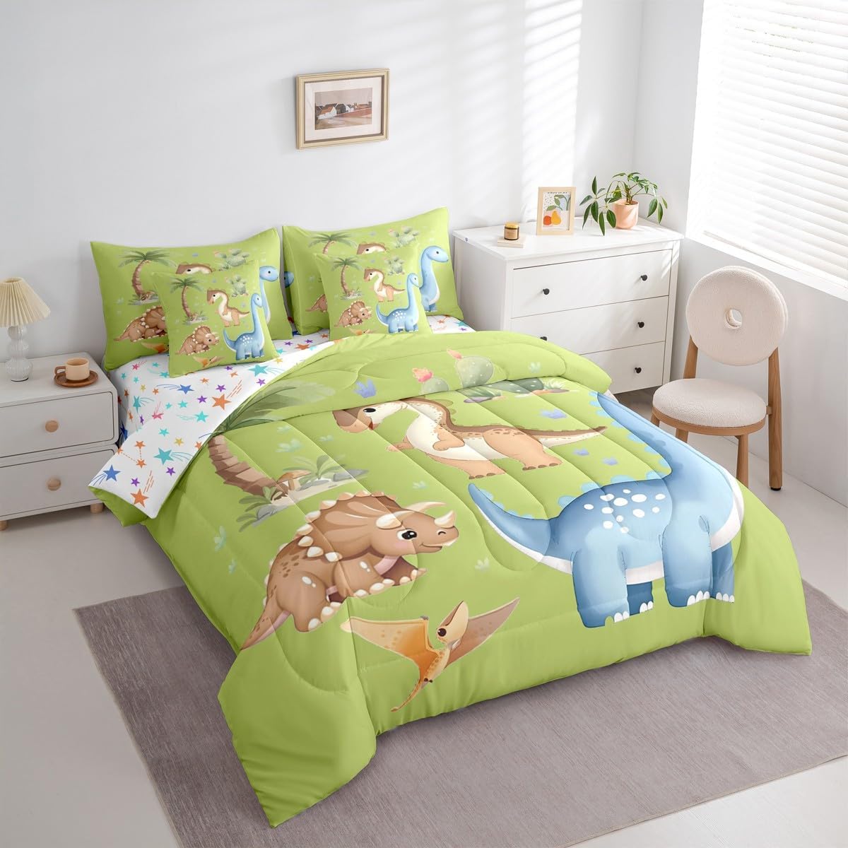 Feelyou Cute Dinosaur Comforter Set Twin Size 7 Pieces Cartoon Dinosaur Bedding Set Kids Boys Girls Wild Animal Bed in a Bag with Comforter, Sheets, Pillowcases, Cushion Covers Jungle Dino Plant